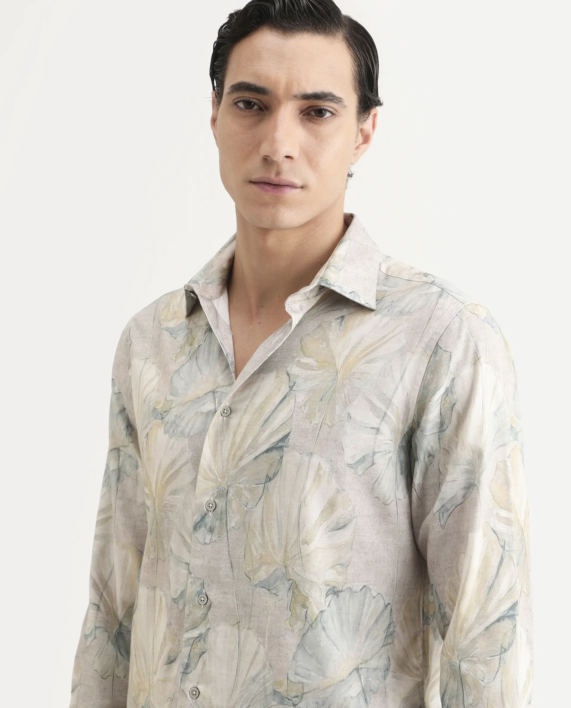 Rare Rabbit Men's Arvo Dusky Beige Cotton Blend Fabric Full Sleeve Spread Collar Regular Fit Floral Print Shirt - Image 3