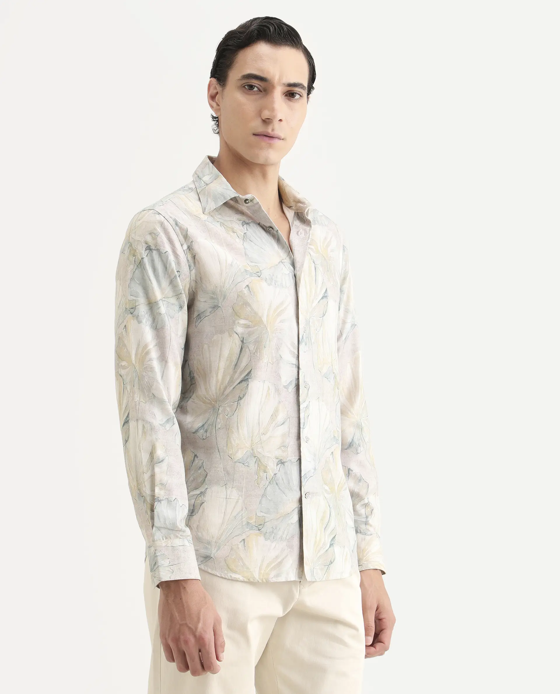 Rare Rabbit Men's Arvo Dusky Beige Cotton Blend Fabric Full Sleeve Spread Collar Regular Fit Floral Print Shirt - Image 4