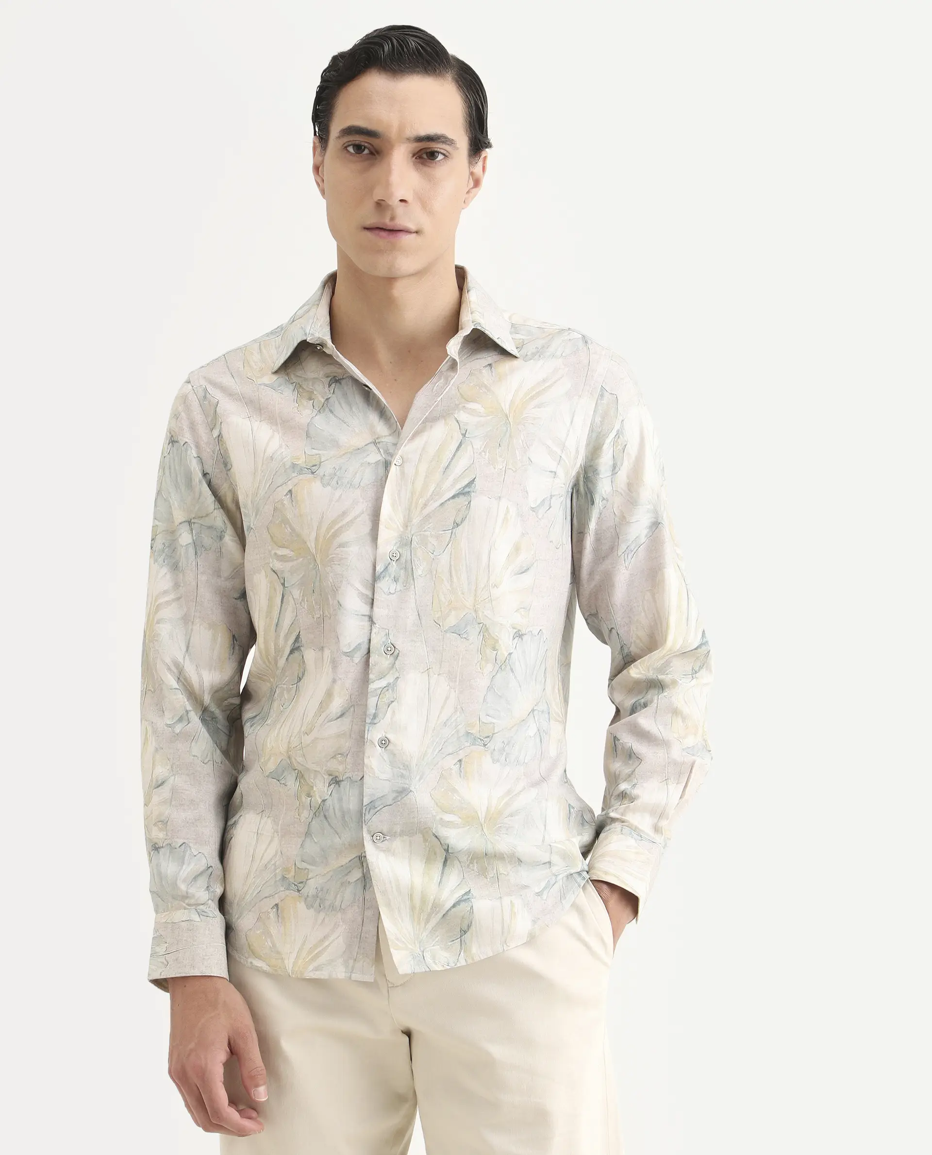 Rare Rabbit Men's Arvo Dusky Beige Cotton Blend Fabric Full Sleeve Spread Collar Regular Fit Floral Print Shirt - Image 5