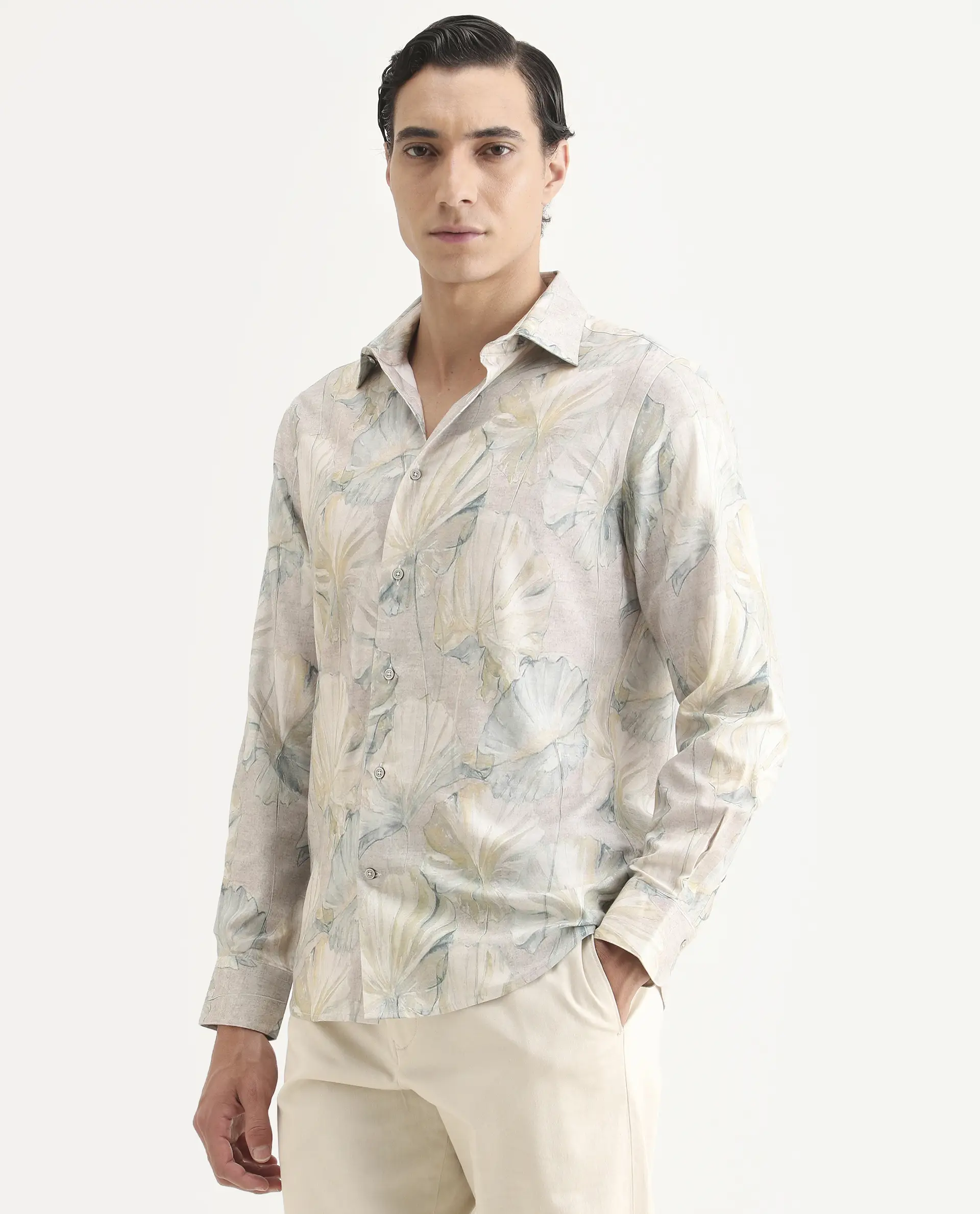 Rare Rabbit Men's Arvo Dusky Beige Cotton Blend Fabric Full Sleeve Spread Collar Regular Fit Floral Print Shirt - Image 6