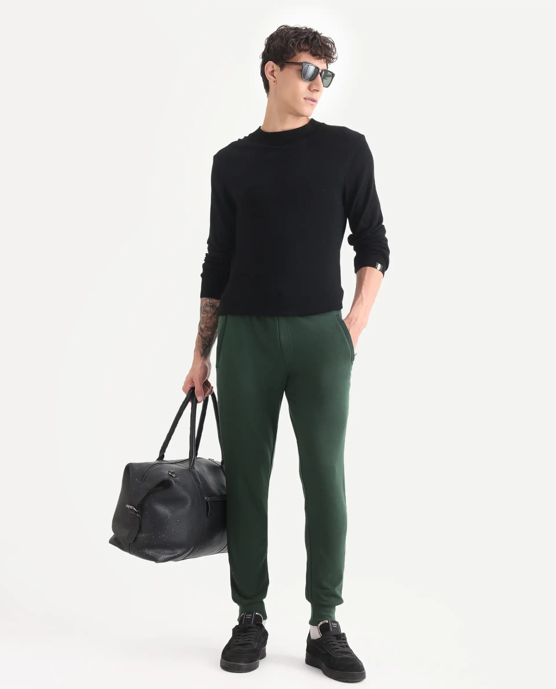 Rare Rabbit Men's Arvon Green Cotton Plain Slim Fit Joggers