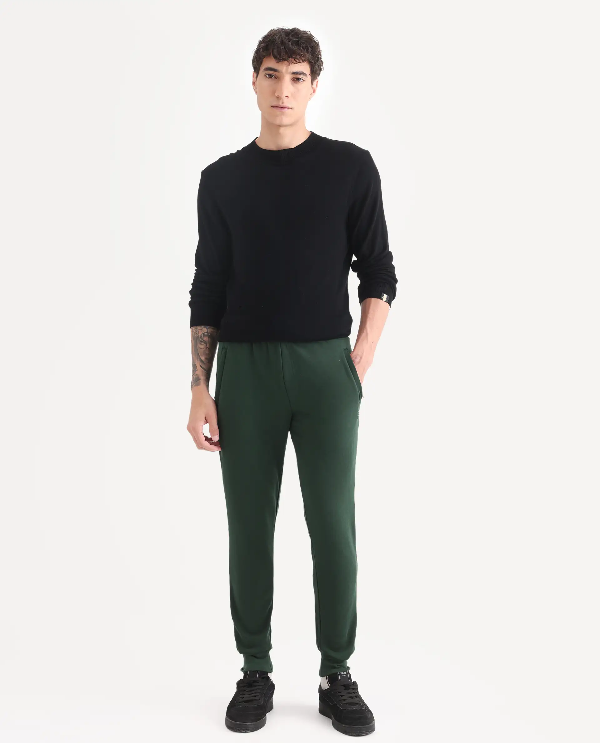 Rare Rabbit Men's Arvon Green Cotton Plain Slim Fit Joggers - Image 2