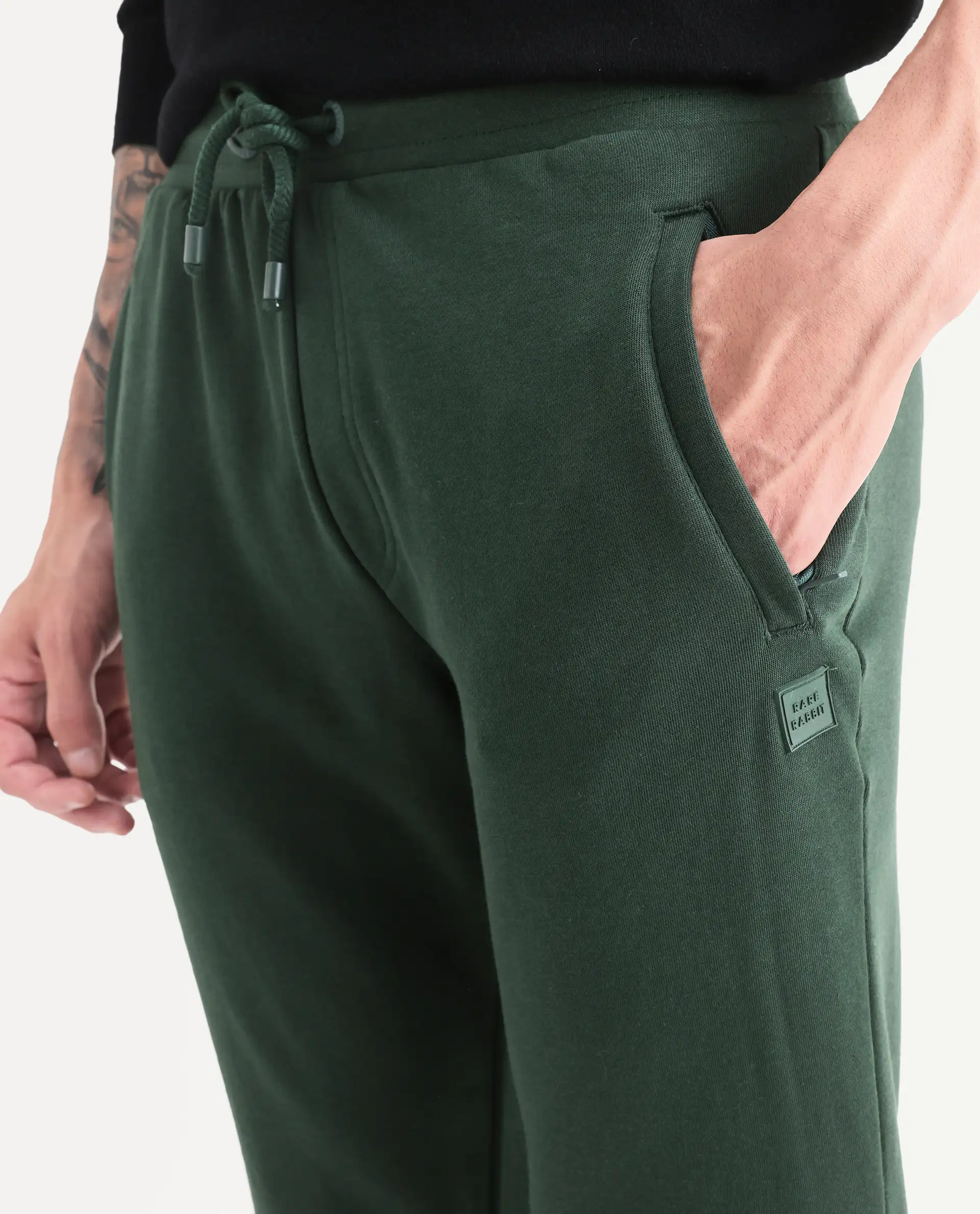 Rare Rabbit Men's Arvon Green Cotton Plain Slim Fit Joggers - Image 4