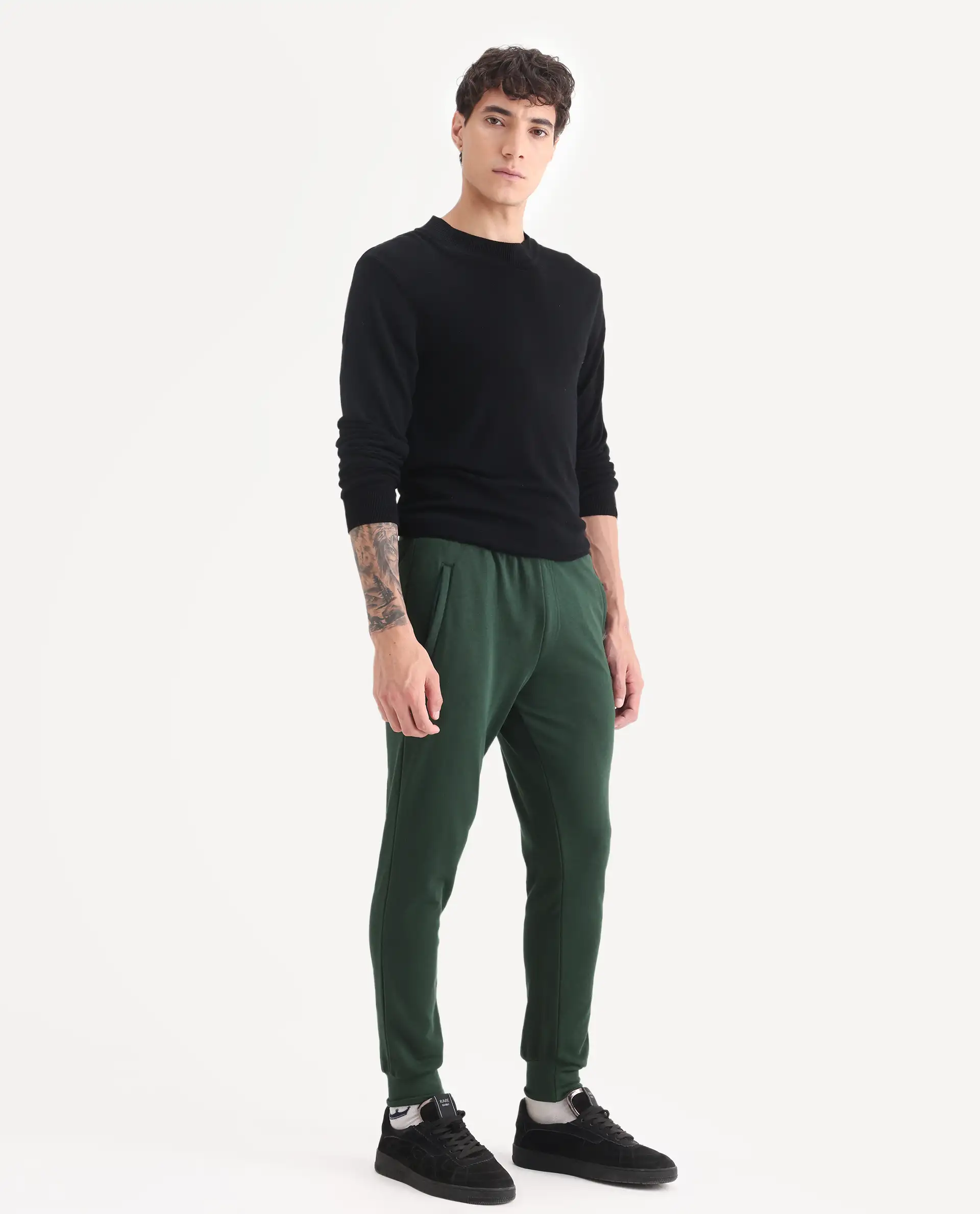 Rare Rabbit Men's Arvon Green Cotton Plain Slim Fit Joggers - Image 6