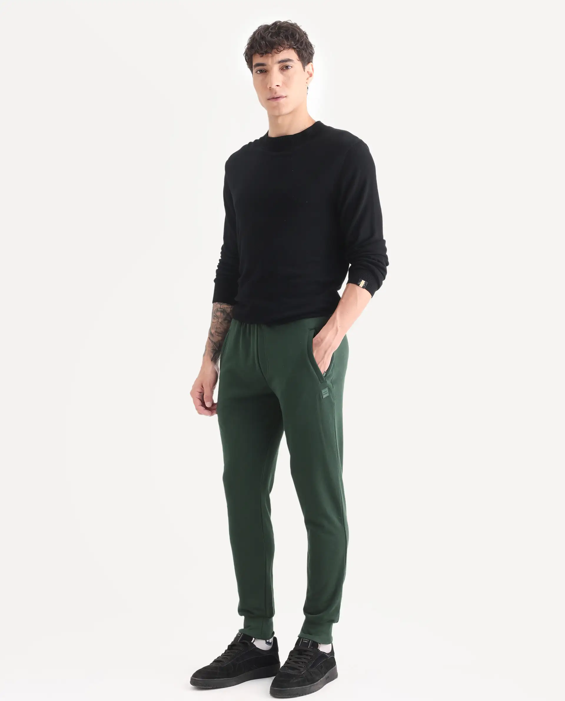Rare Rabbit Men's Arvon Green Cotton Plain Slim Fit Joggers - Image 7