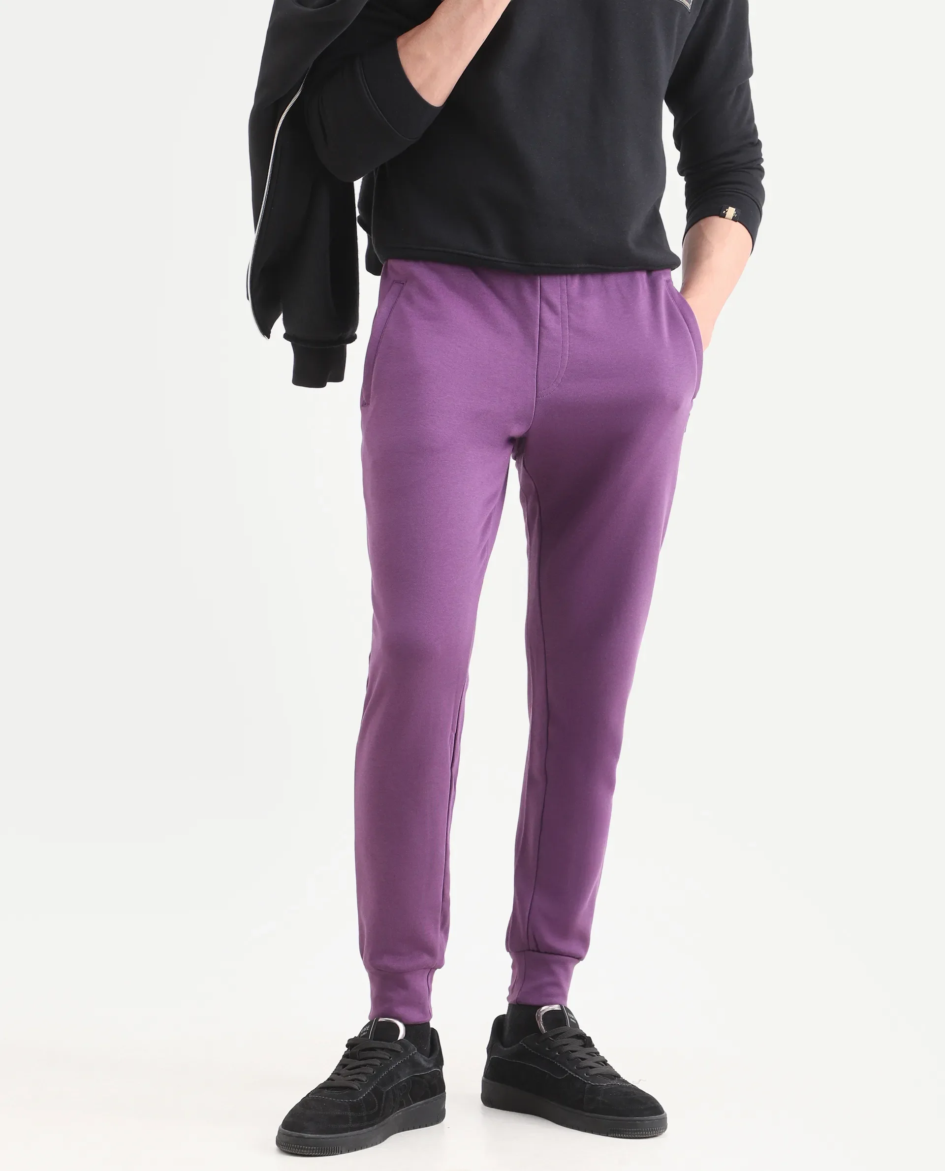 Rare Rabbit Men's Arvon Purple Cotton Plain Slim Fit Joggers - Image 2
