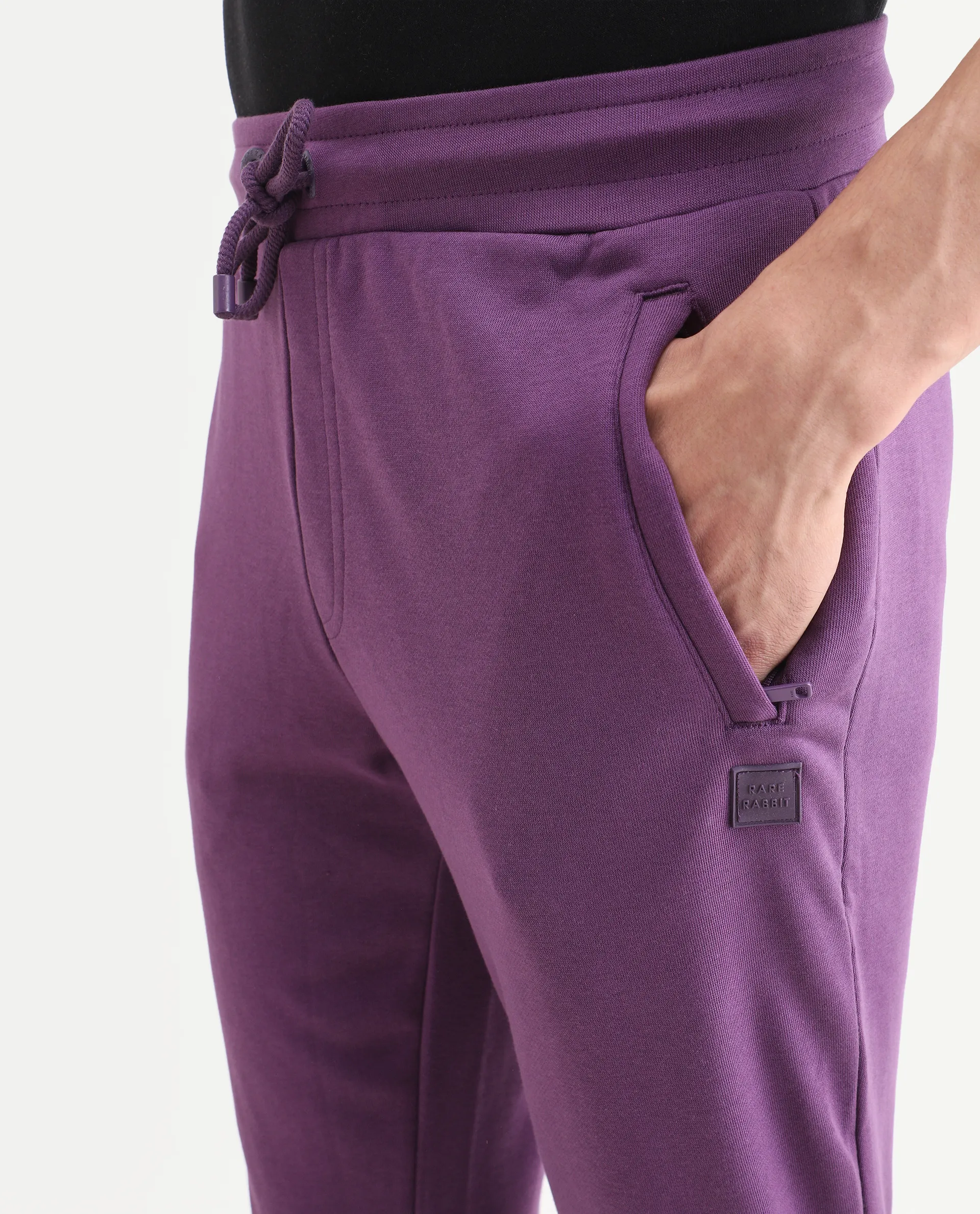 Rare Rabbit Men's Arvon Purple Cotton Plain Slim Fit Joggers - Image 3