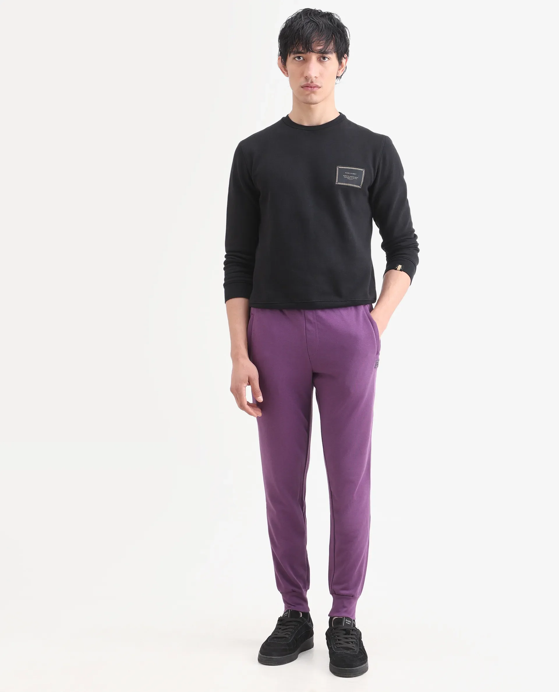 Rare Rabbit Men's Arvon Purple Cotton Plain Slim Fit Joggers - Image 4