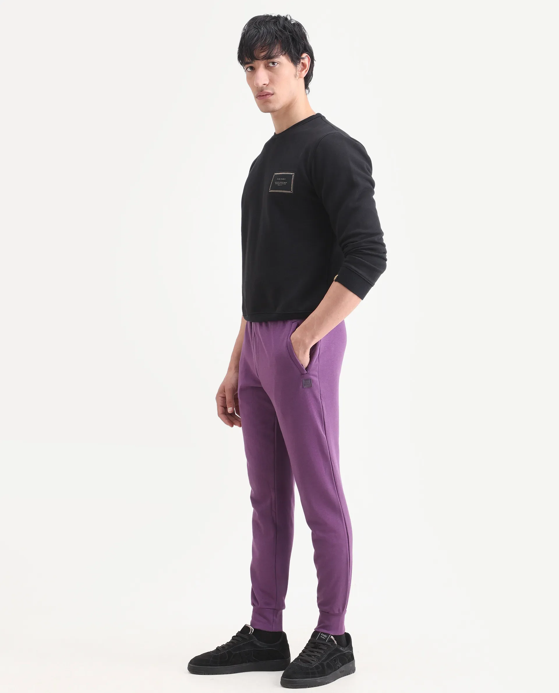 Rare Rabbit Men's Arvon Purple Cotton Plain Slim Fit Joggers - Image 5