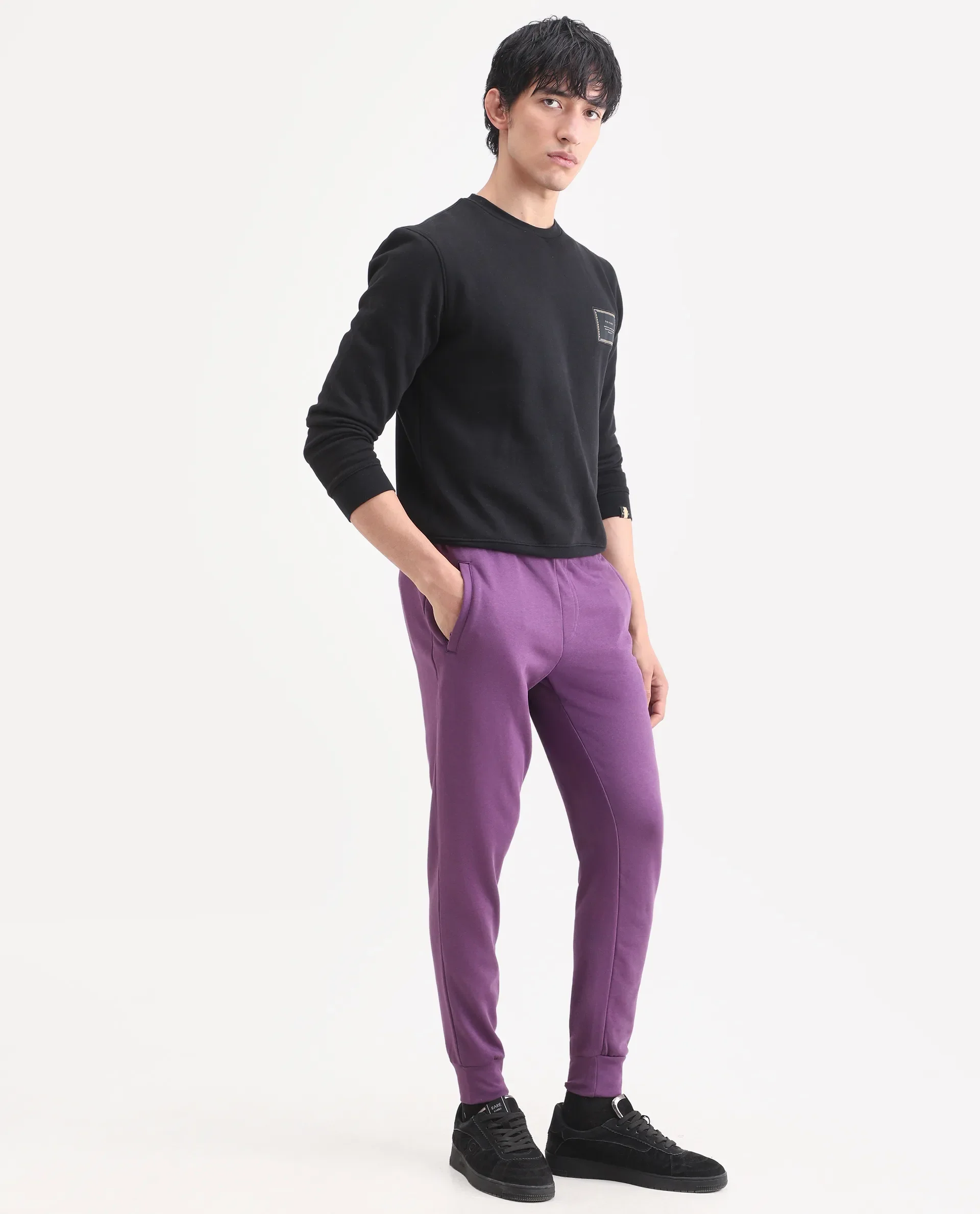Rare Rabbit Men's Arvon Purple Cotton Plain Slim Fit Joggers - Image 6