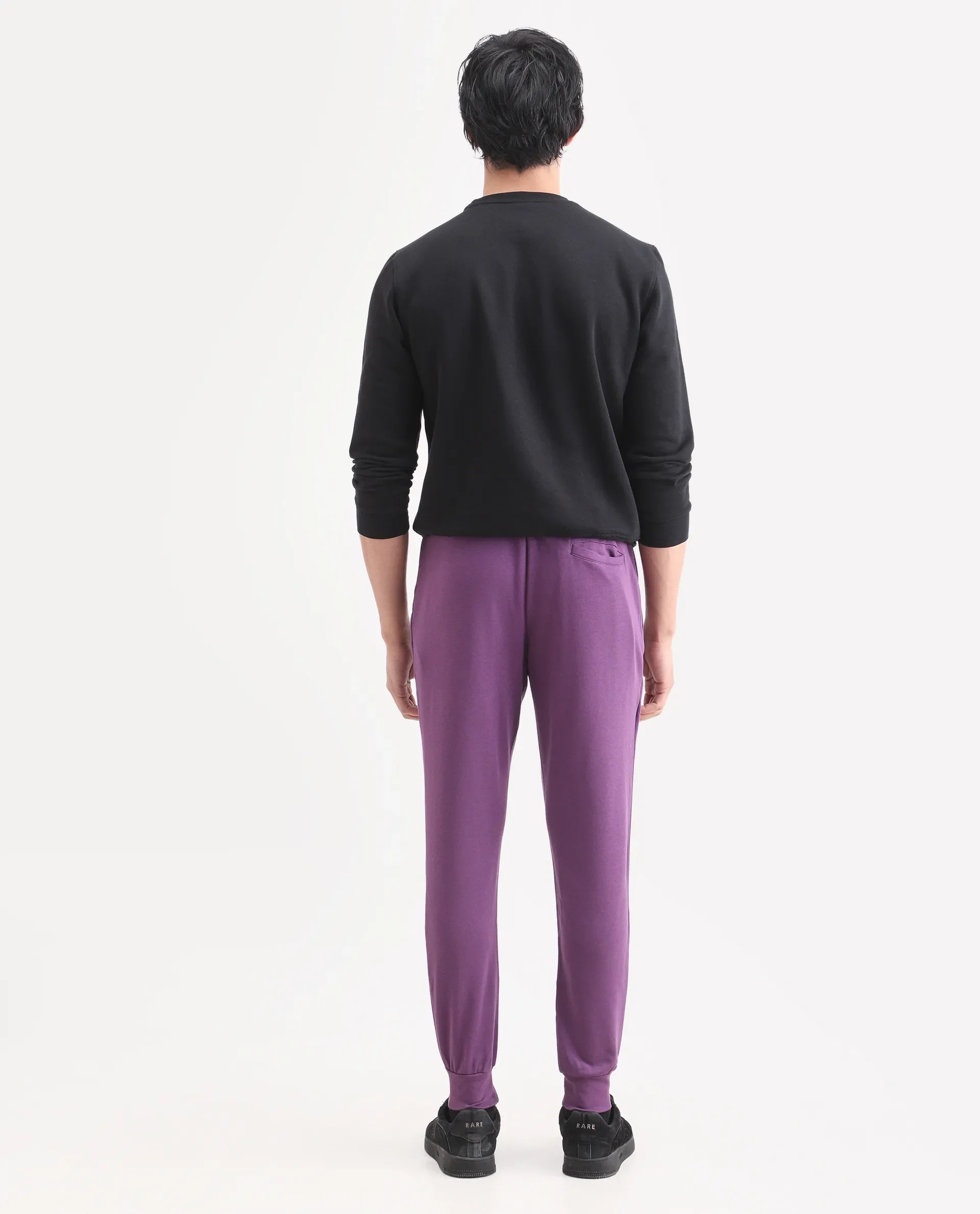 Rare Rabbit Men's Arvon Purple Cotton Plain Slim Fit Joggers - Image 7