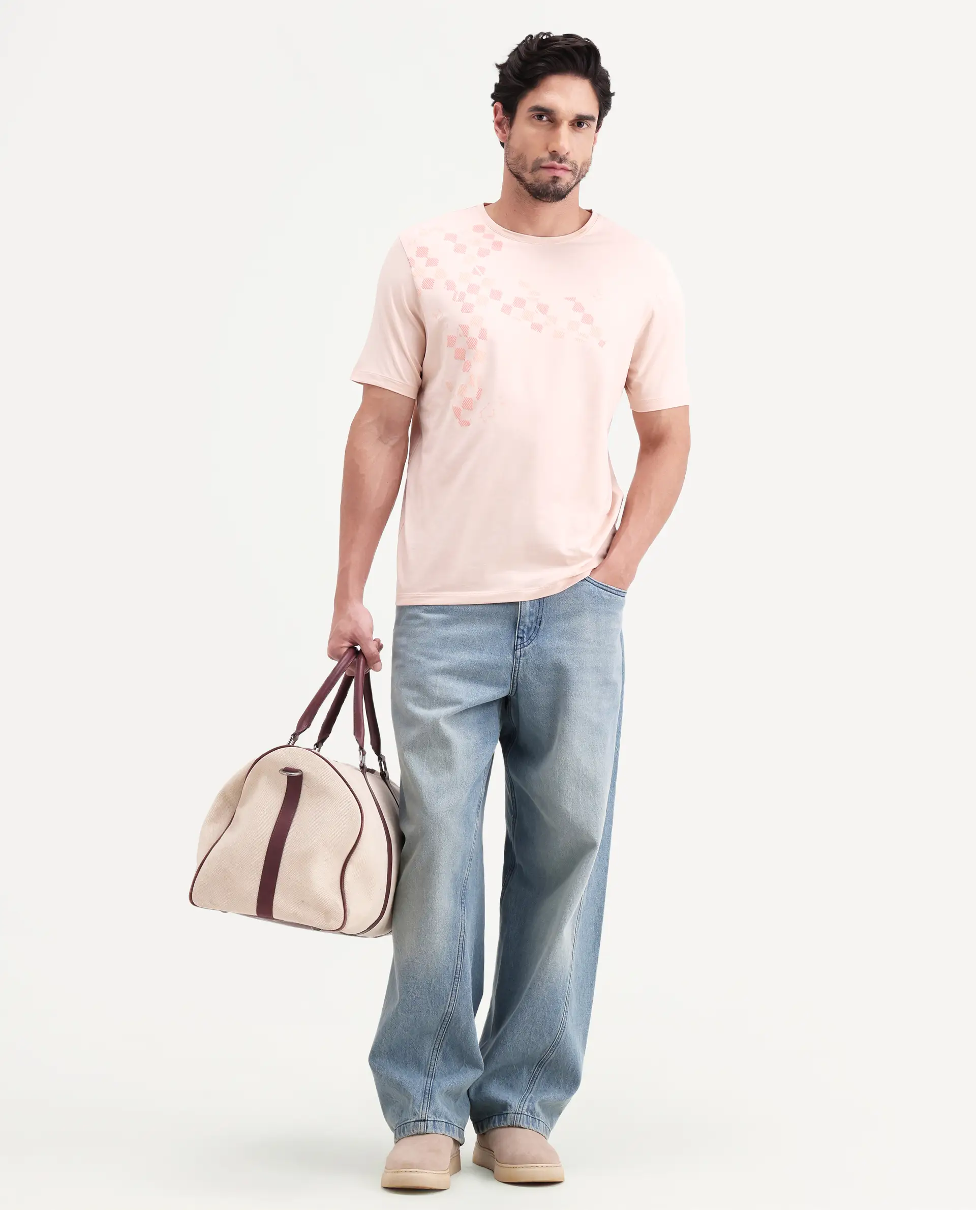 Rare Rabbit Men's Ary Pastel Peach Cotton Blend Fabric Half Sleeve Crew Neck Regular Fit Graphic Print T-Shirt - Image 2