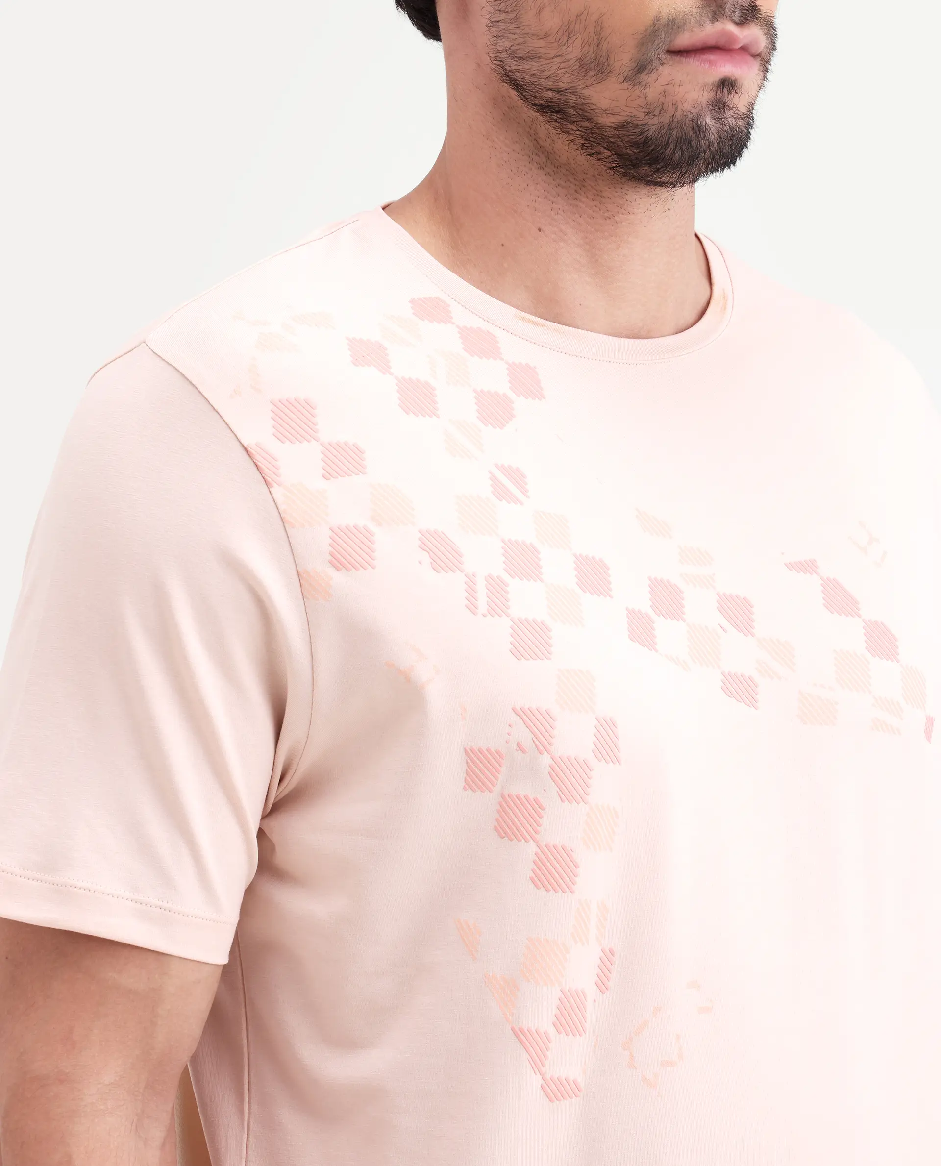 Rare Rabbit Men's Ary Pastel Peach Cotton Blend Fabric Half Sleeve Crew Neck Regular Fit Graphic Print T-Shirt - Image 3