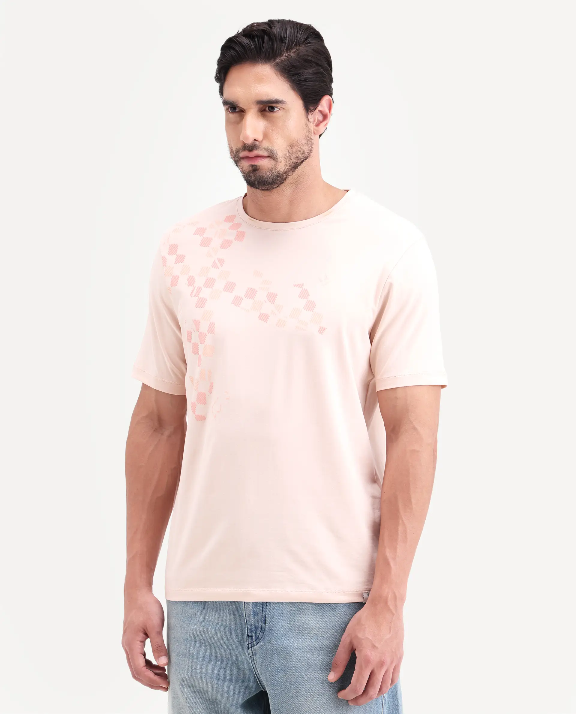 Rare Rabbit Men's Ary Pastel Peach Cotton Blend Fabric Half Sleeve Crew Neck Regular Fit Graphic Print T-Shirt - Image 4