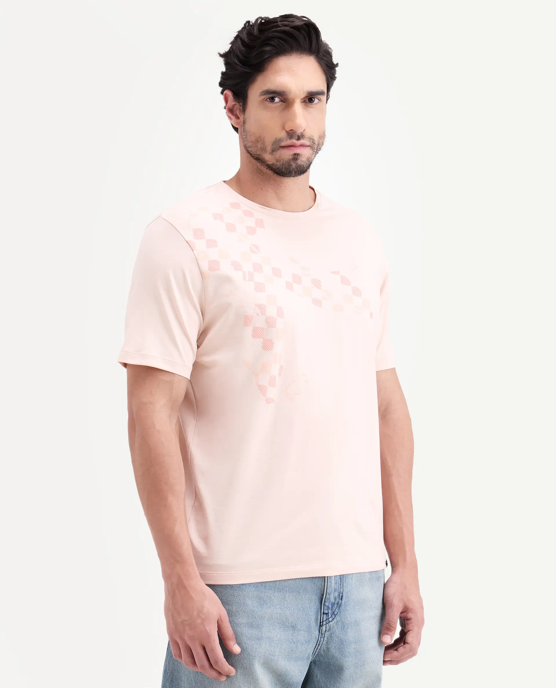 Rare Rabbit Men's Ary Pastel Peach Cotton Blend Fabric Half Sleeve Crew Neck Regular Fit Graphic Print T-Shirt - Image 5
