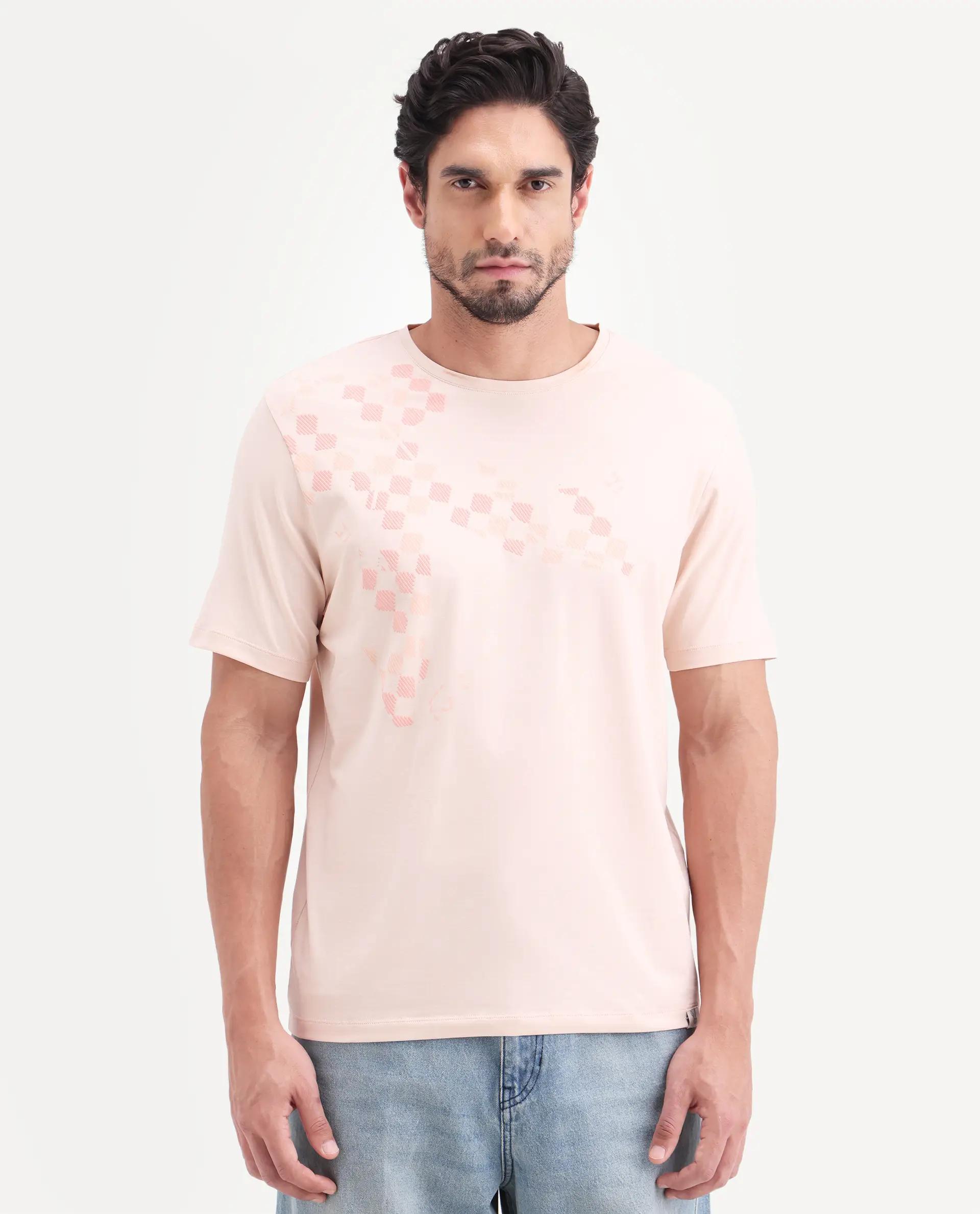 Rare Rabbit Men's Ary Pastel Peach Cotton Blend Fabric Half Sleeve Crew Neck Regular Fit Graphic Print T-Shirt - Image 6