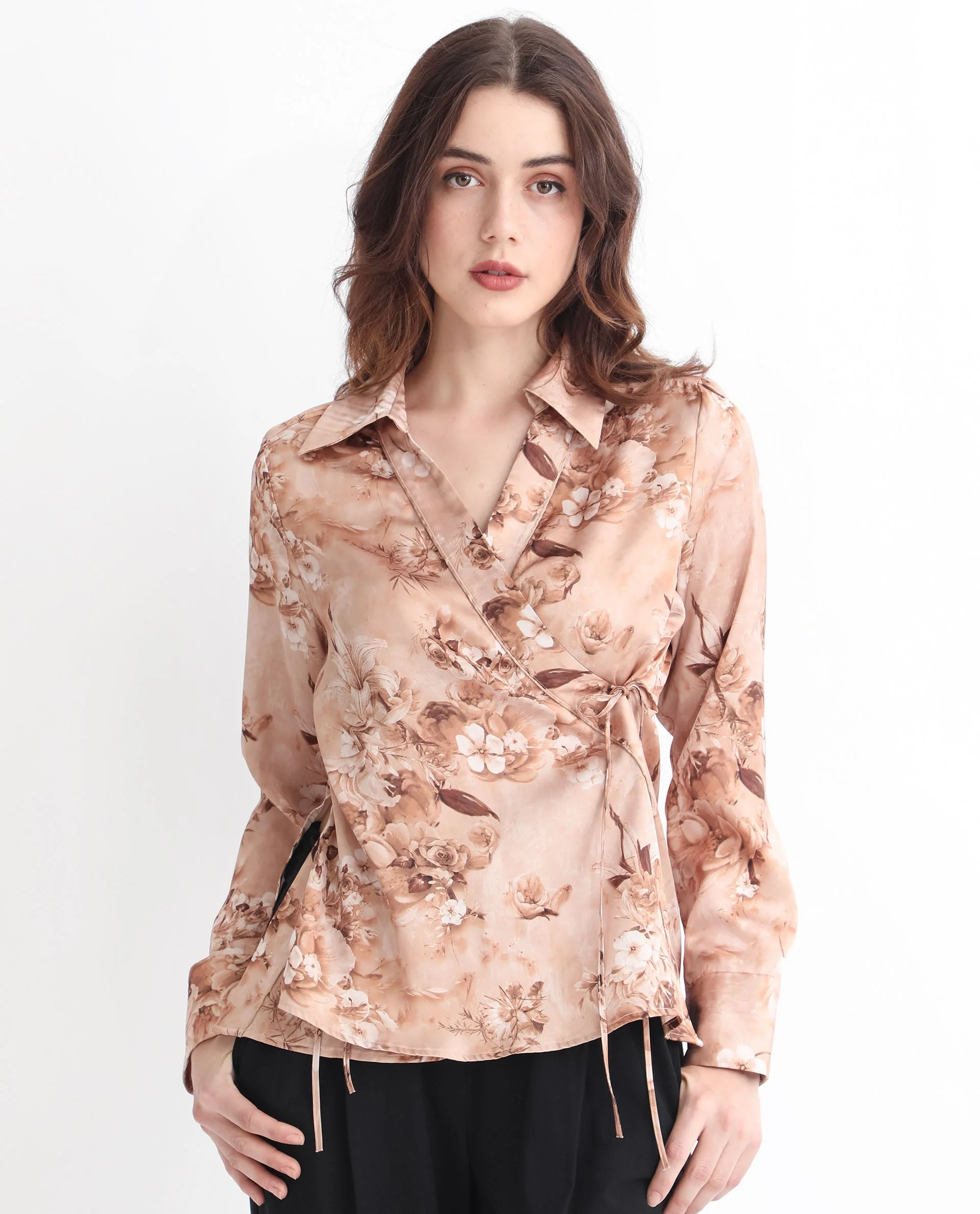 Rareism Women's Arzoo Dusky Beige Polyester Drop Collar Floral Print Regular Fit Top
