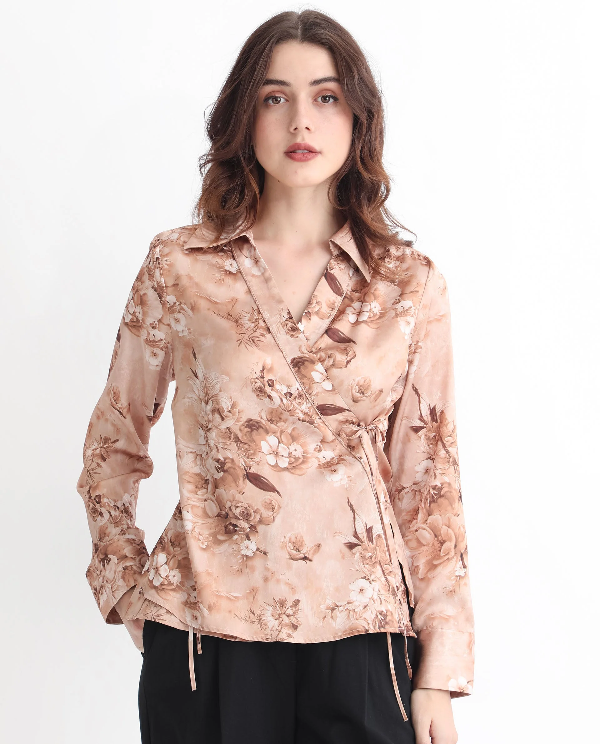 Rareism Women's Arzoo Dusky Beige Polyester Drop Collar Floral Print Regular Fit Top - Image 5