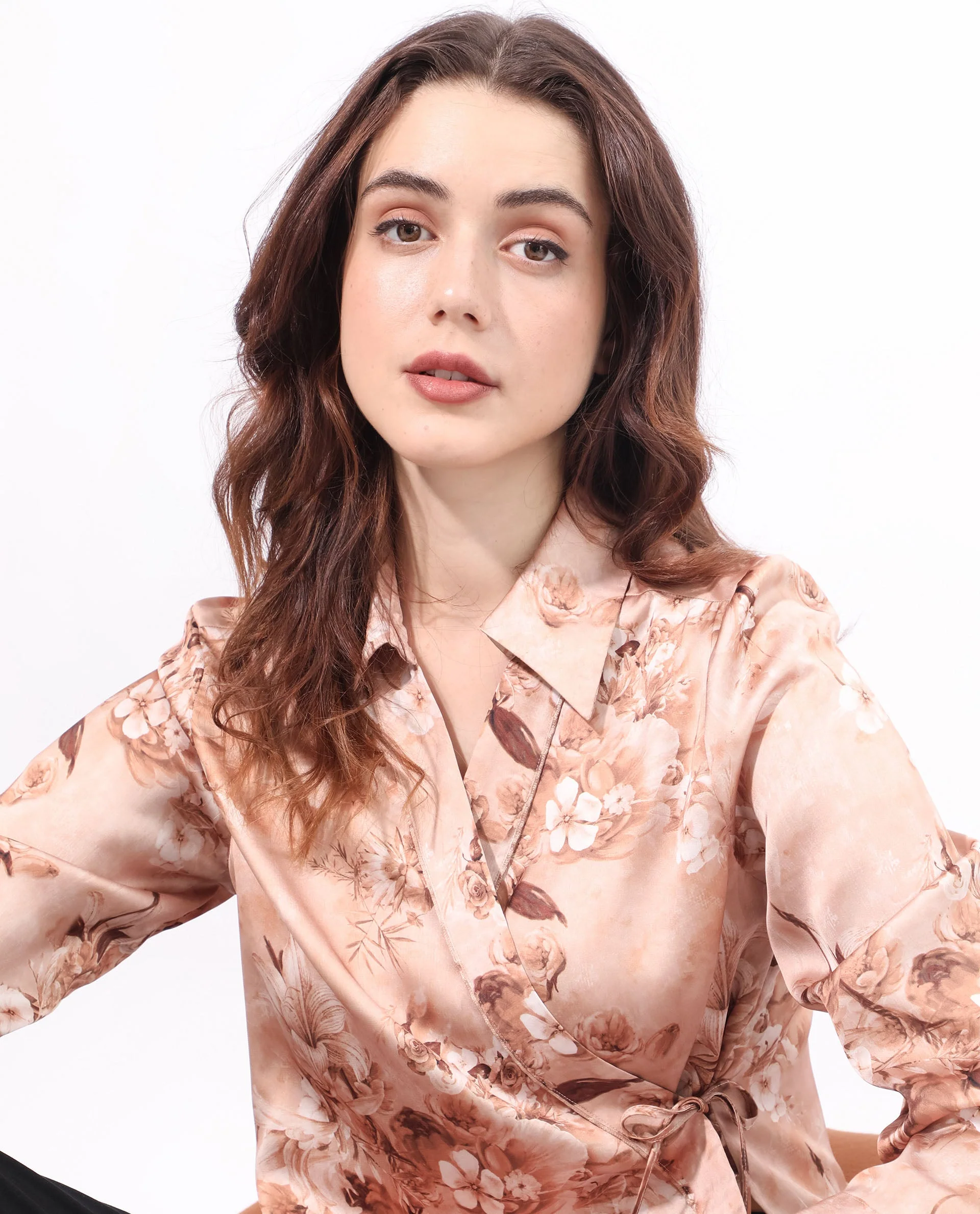 Rareism Women's Arzoo Dusky Beige Polyester Drop Collar Floral Print Regular Fit Top - Image 6