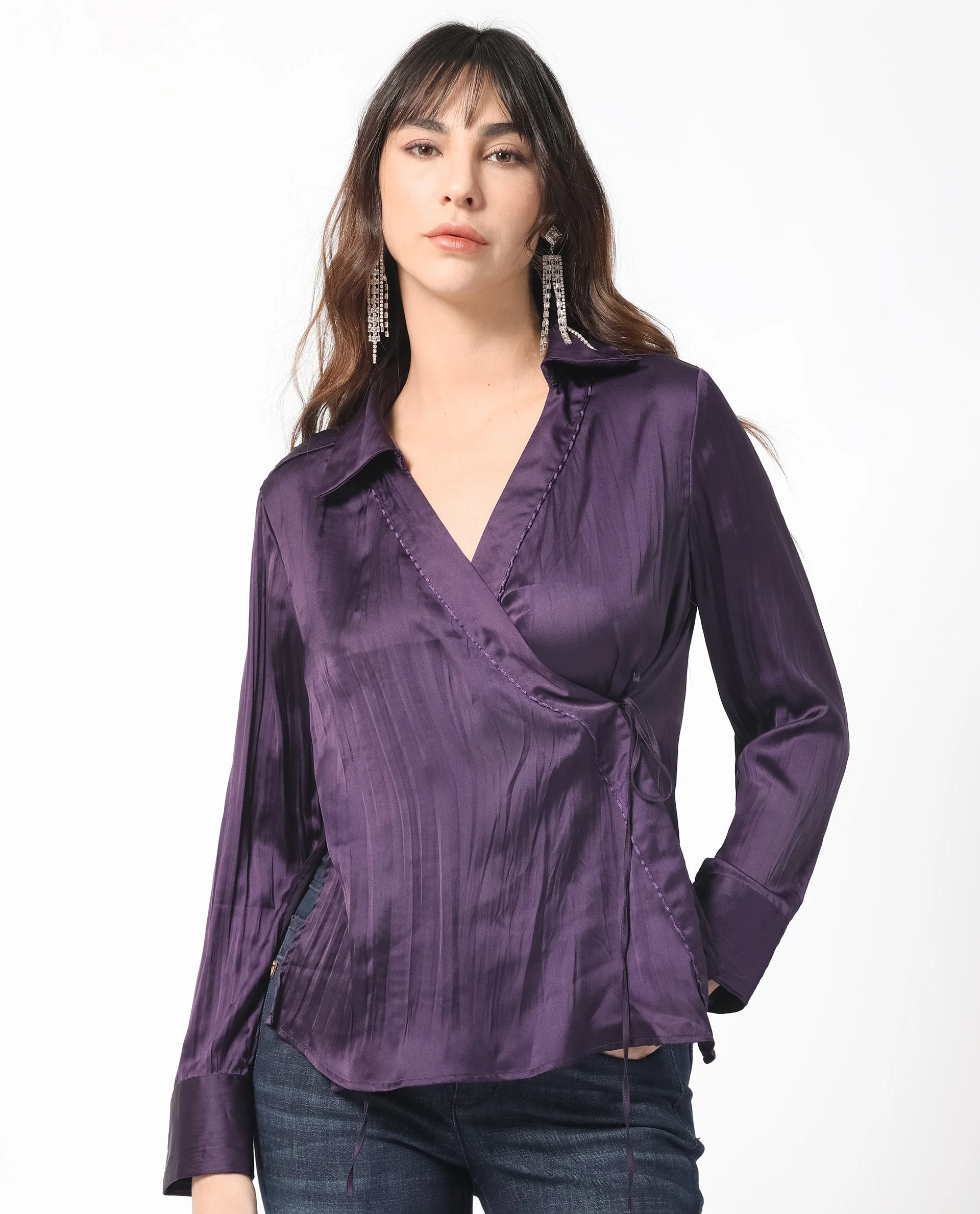 Rareism Women's Arzoo Purple Polyester Drop Collar Plain Regular Fit Top - Image 3