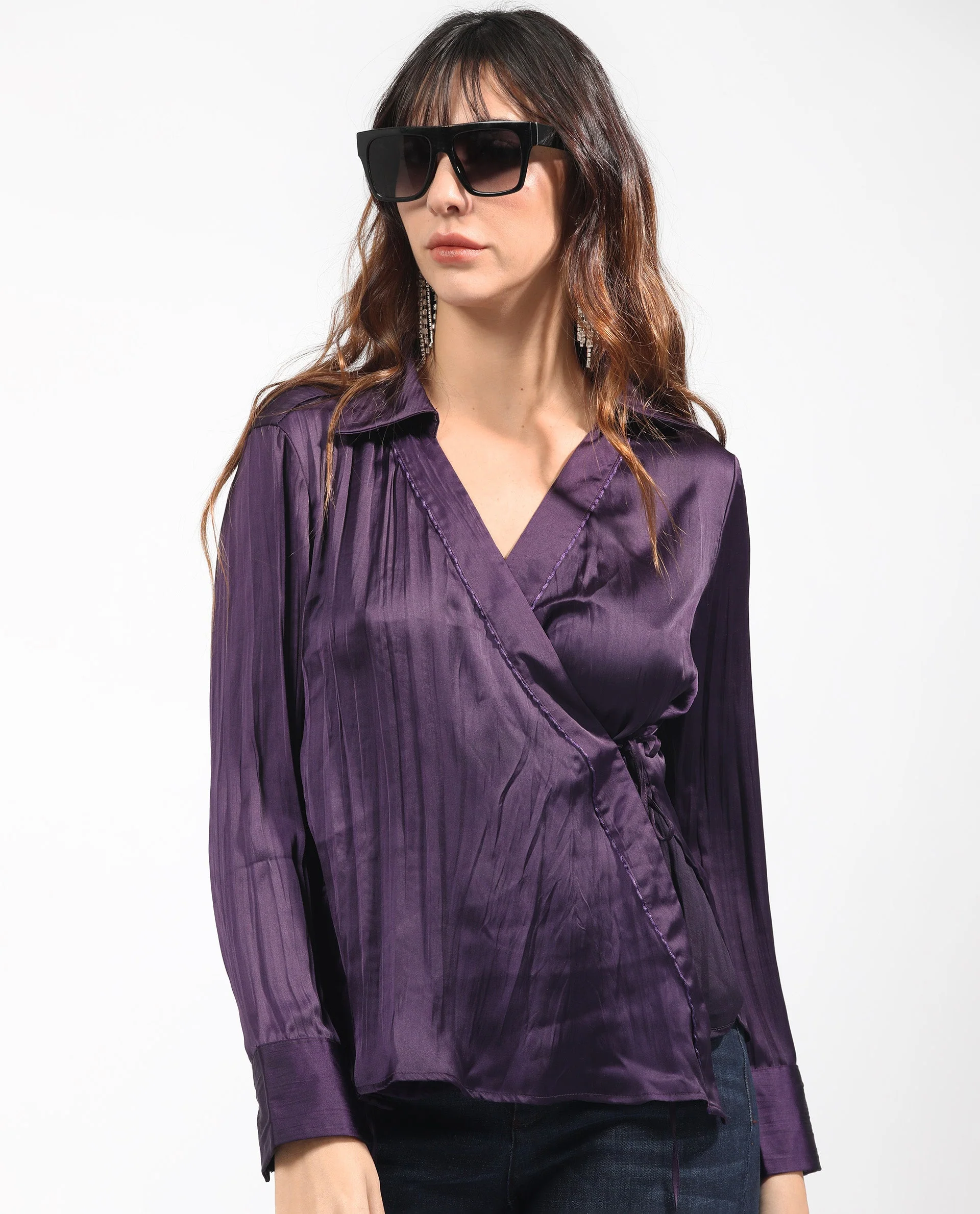 Rareism Women's Arzoo Purple Polyester Drop Collar Plain Regular Fit Top - Image 7