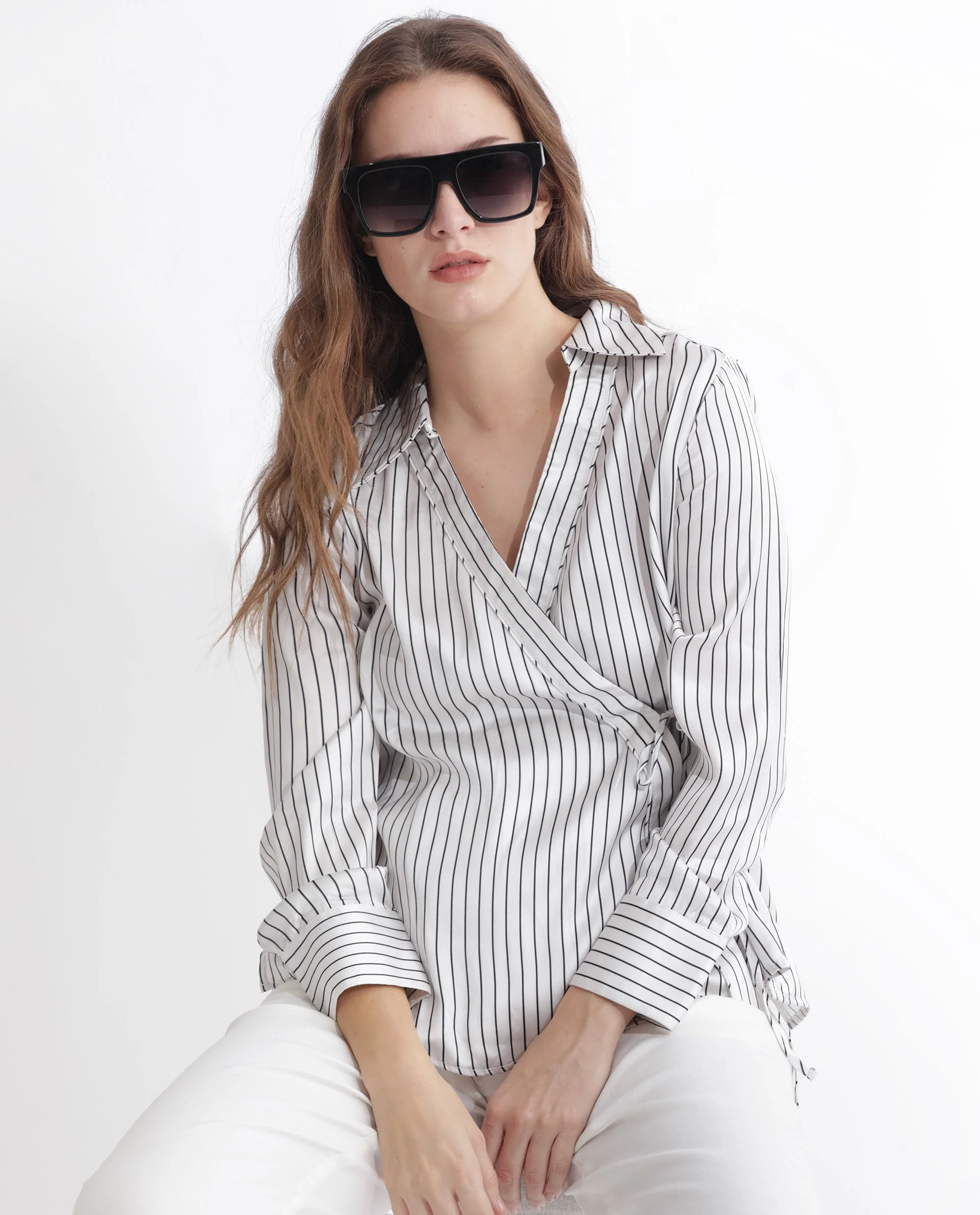 Rareism Women's Arzoo White Polyester Johnny Collar Striped Regular Fit Top - Image 10
