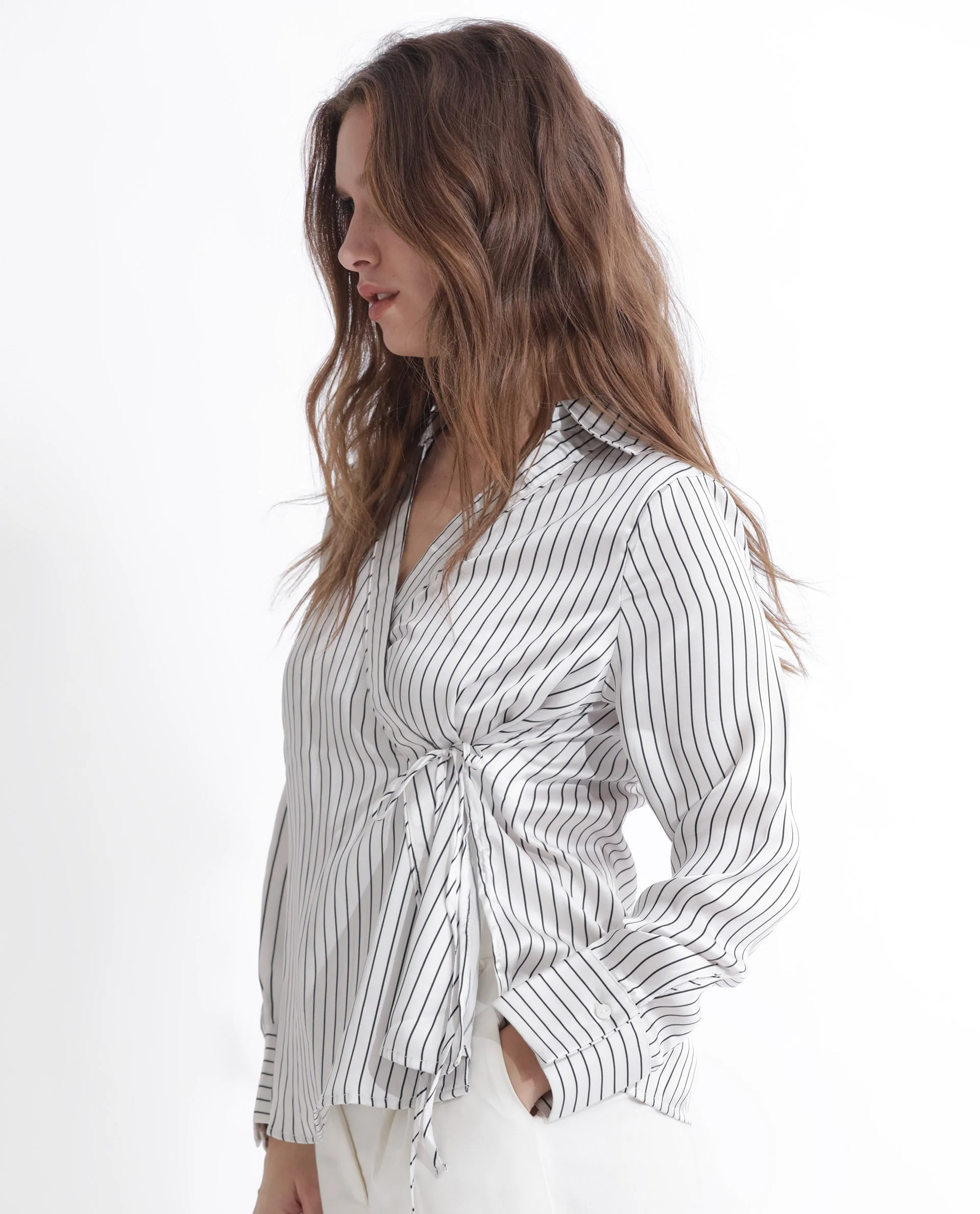 Rareism Women's Arzoo White Polyester Johnny Collar Striped Regular Fit Top - Image 12