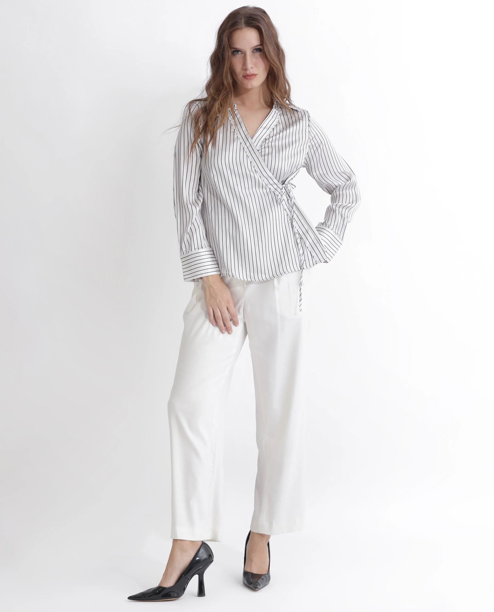 Rareism Women's Arzoo White Polyester Johnny Collar Striped Regular Fit Top - Image 2