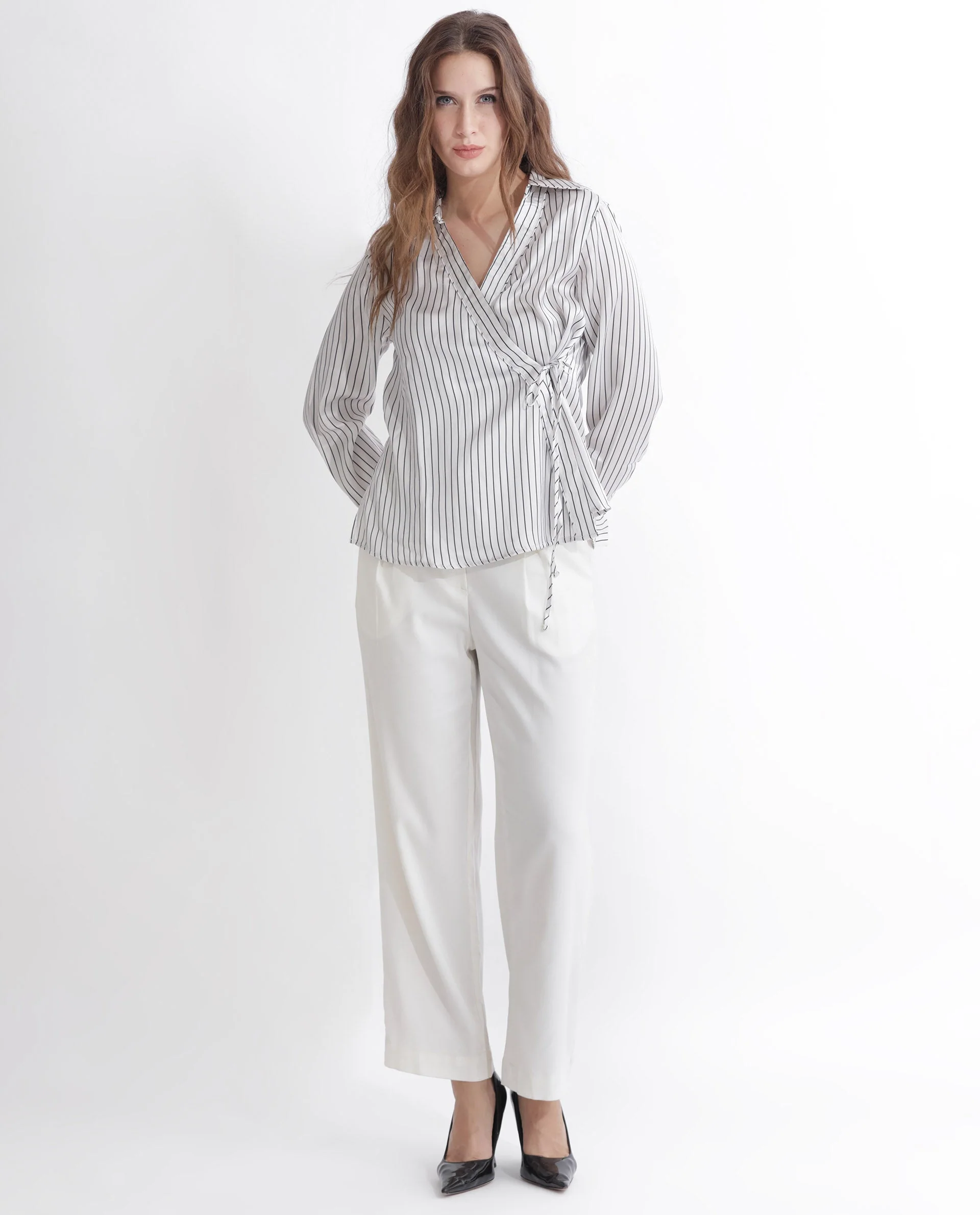 Rareism Women's Arzoo White Polyester Johnny Collar Striped Regular Fit Top - Image 3