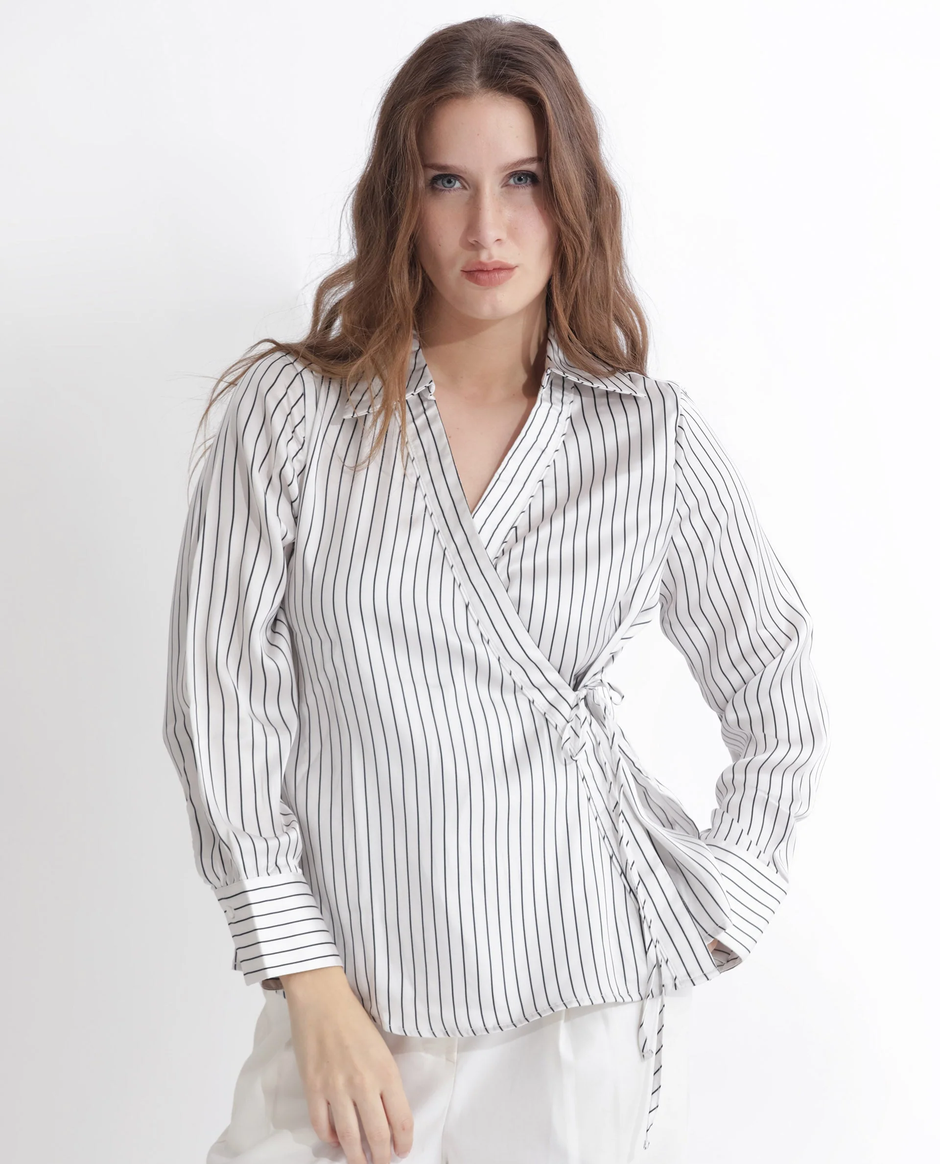 Rareism Women's Arzoo White Polyester Johnny Collar Striped Regular Fit Top - Image 4