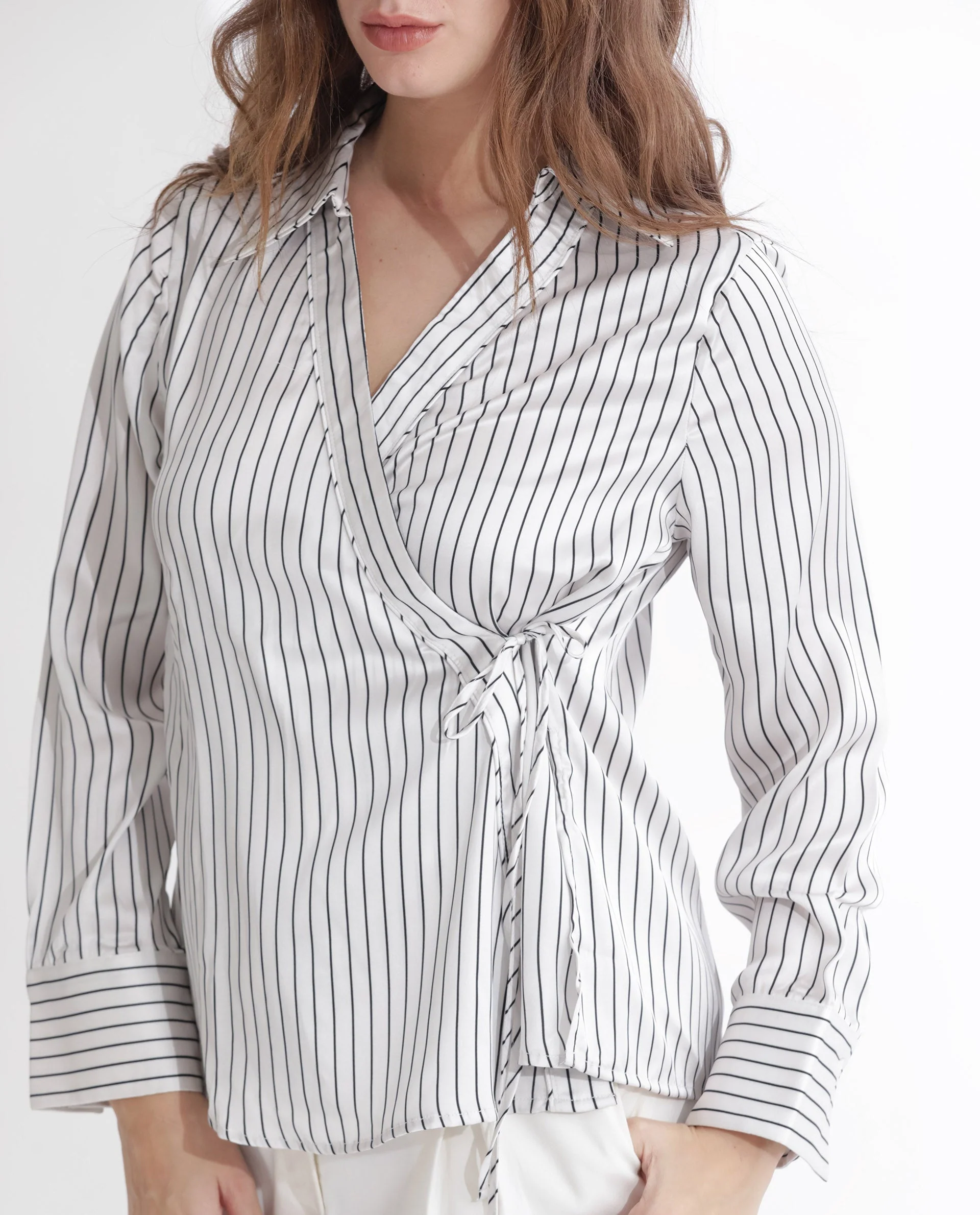 Rareism Women's Arzoo White Polyester Johnny Collar Striped Regular Fit Top - Image 6