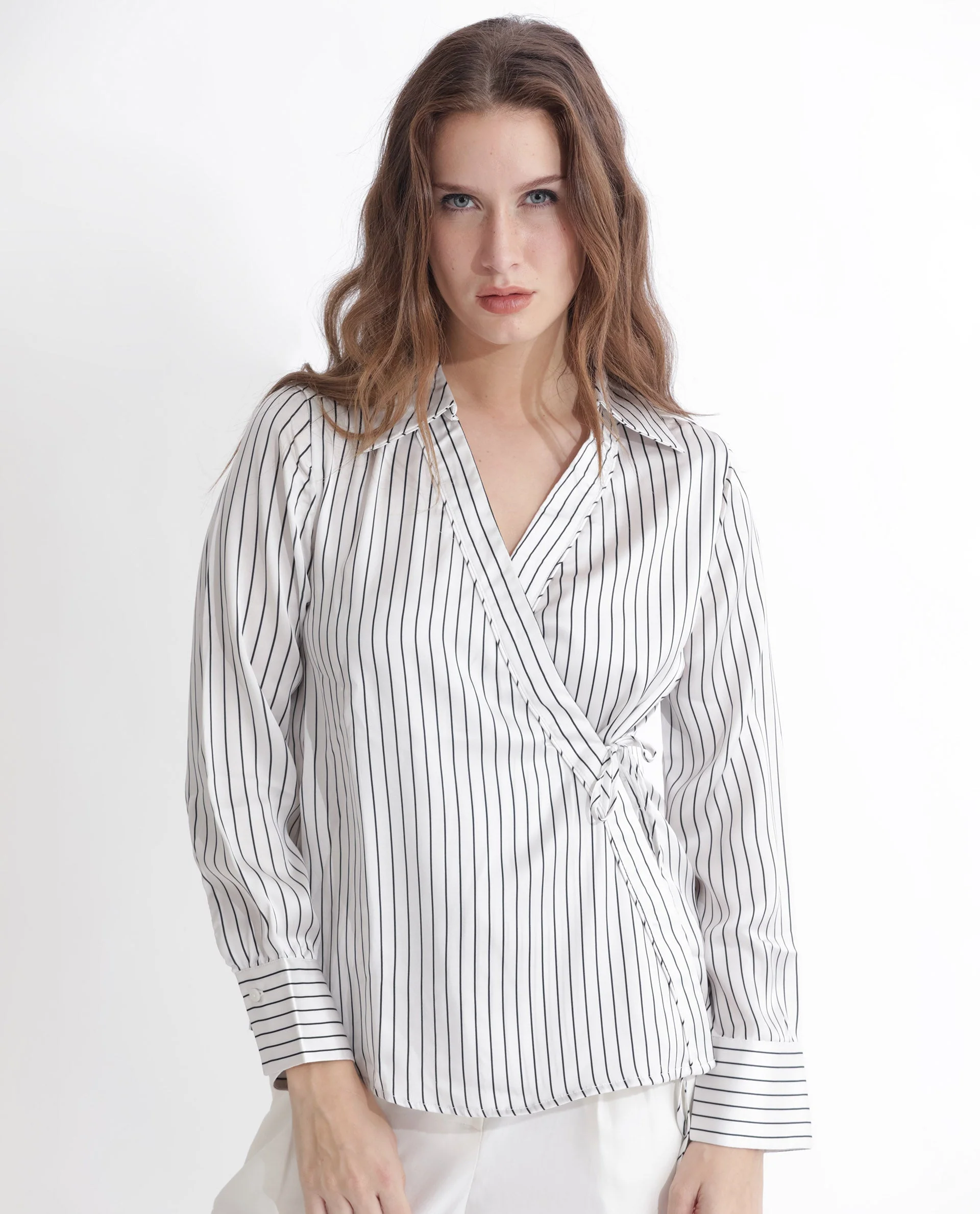 Rareism Women's Arzoo White Polyester Johnny Collar Striped Regular Fit Top - Image 8