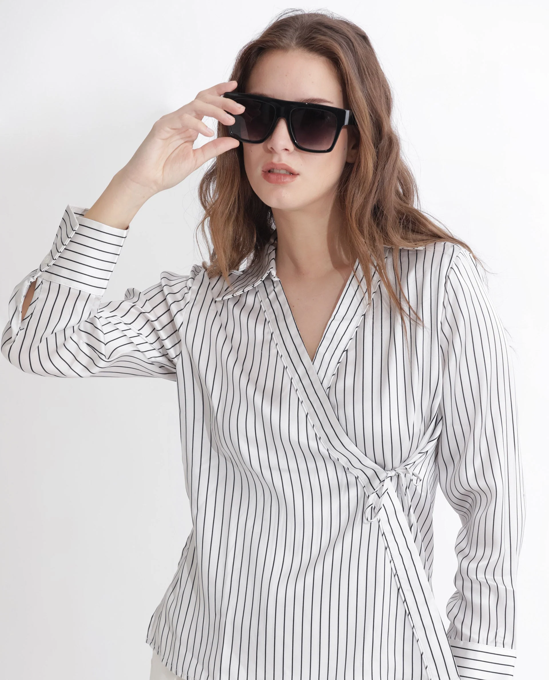 Rareism Women's Arzoo White Polyester Johnny Collar Striped Regular Fit Top - Image 9