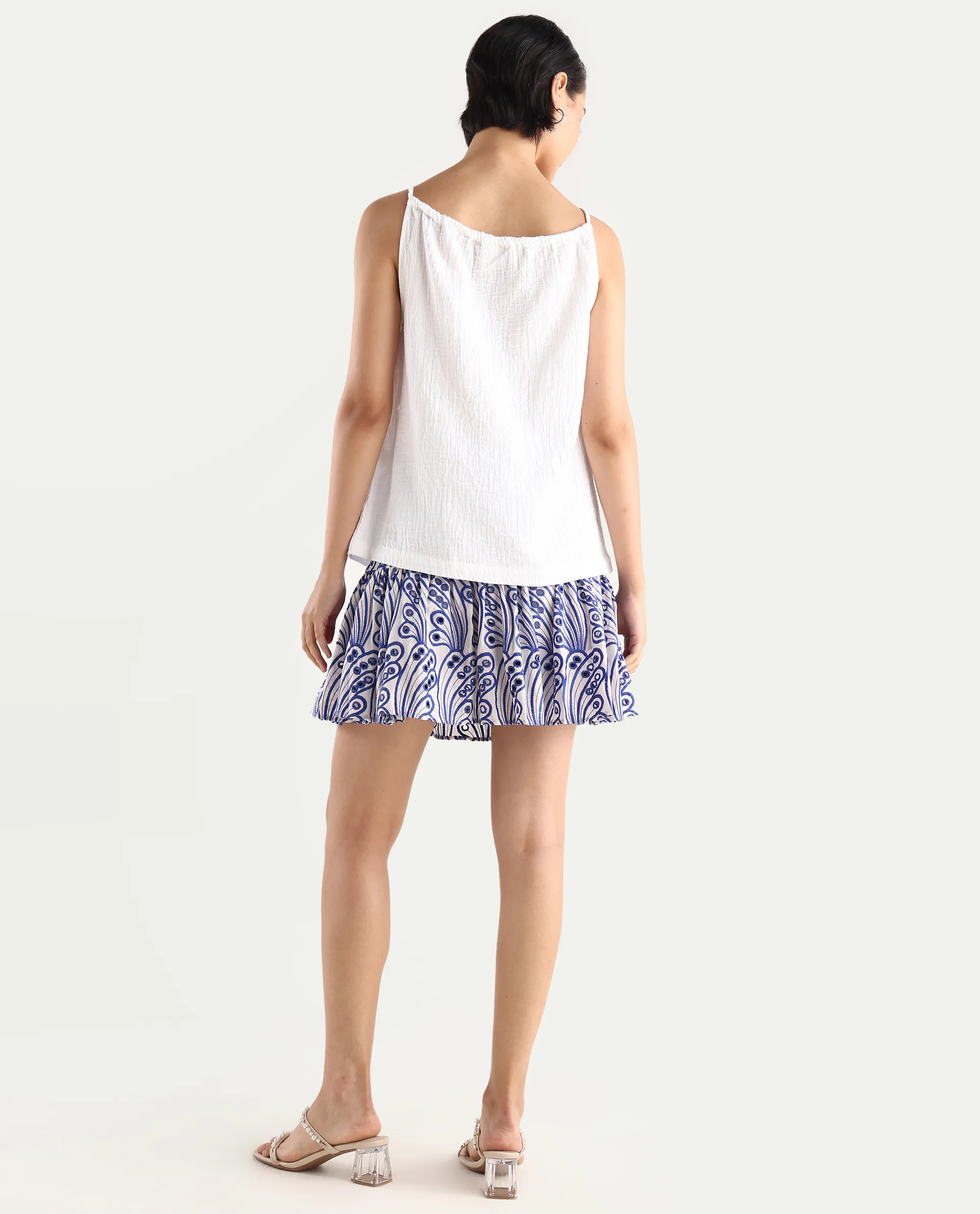 Rareism Women's Asami Blue Cotton Schiffli Mini Fit And Flare Skirt - Image 10