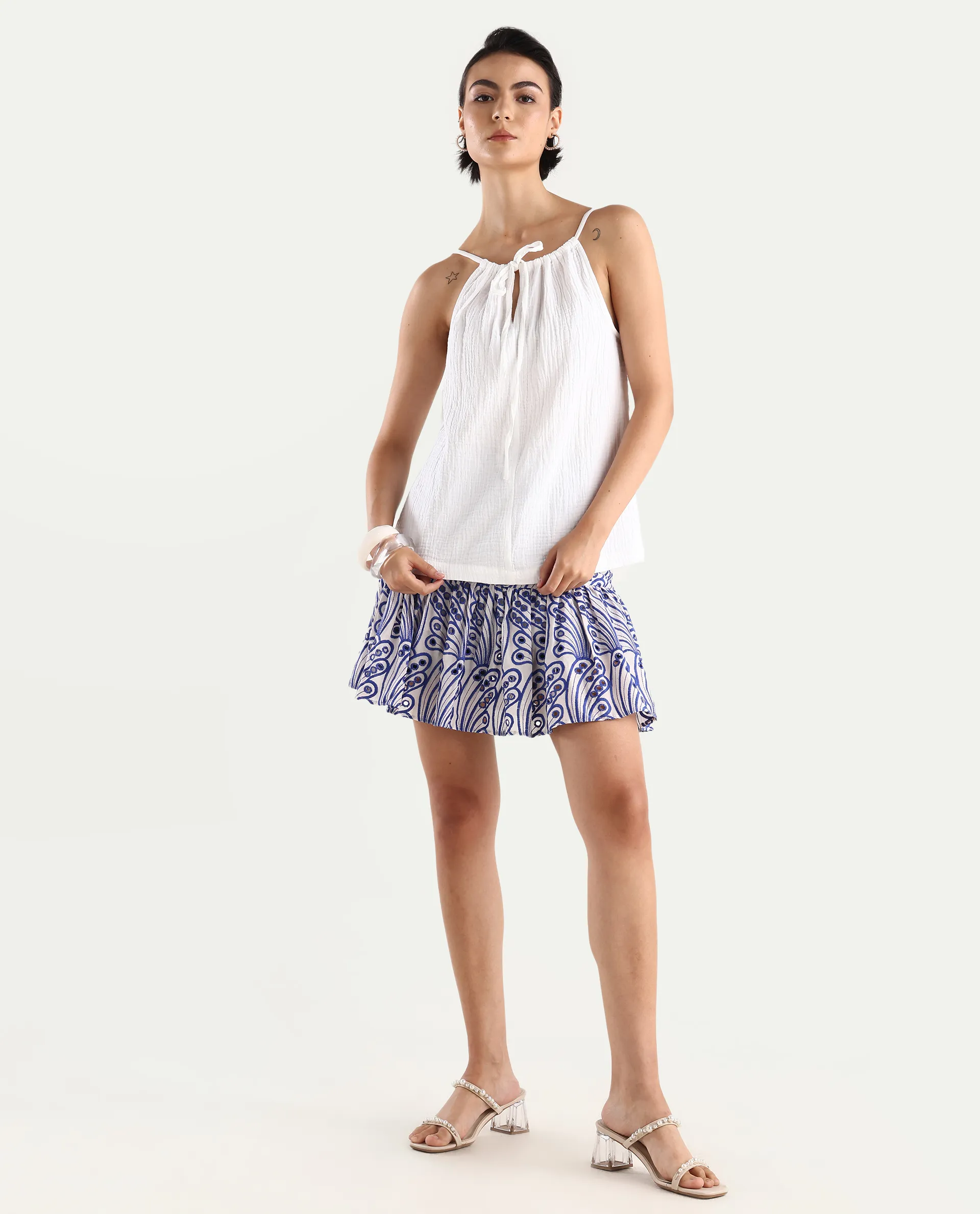 Rareism Women's Asami Blue Cotton Schiffli Mini Fit And Flare Skirt - Image 2