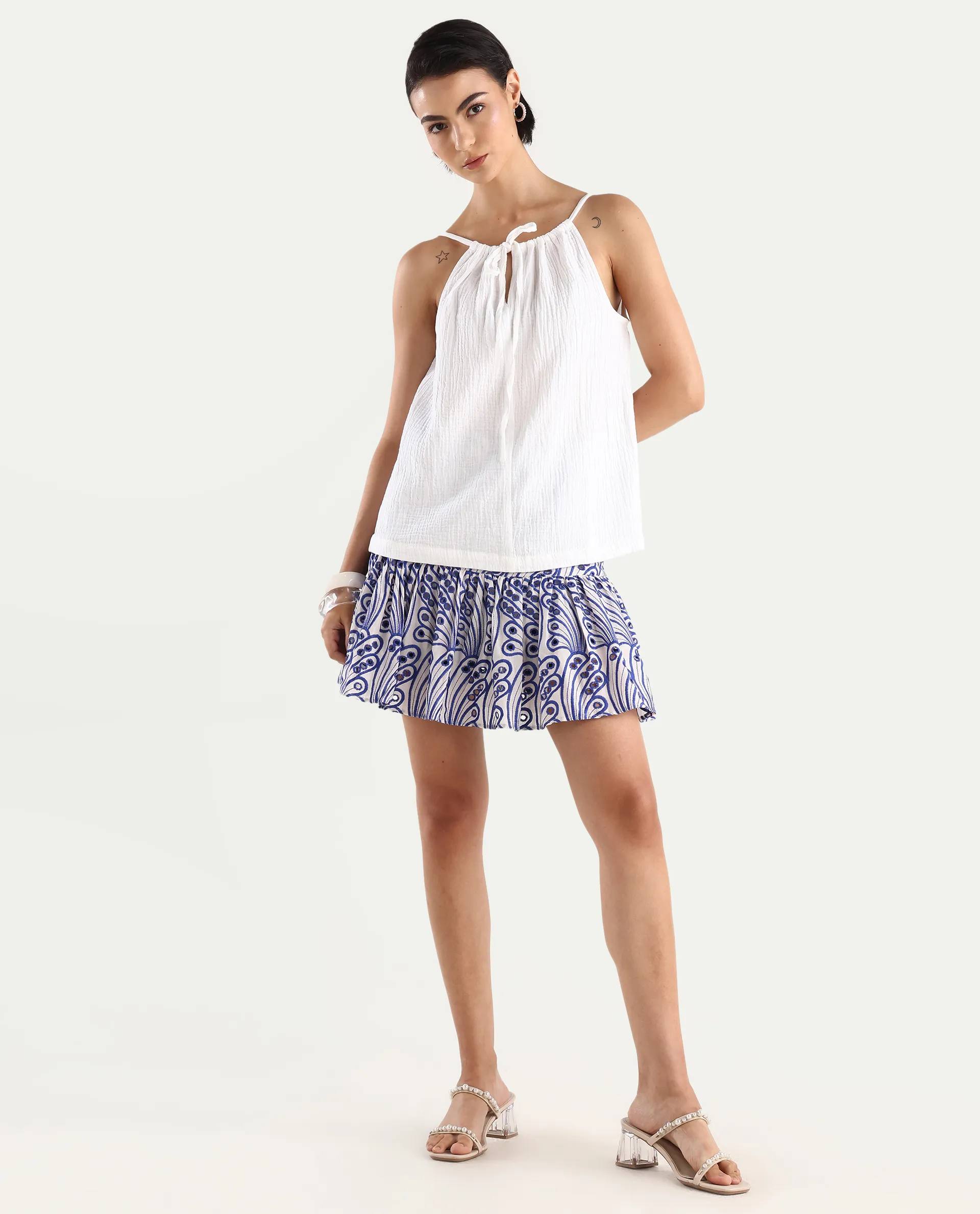 Rareism Women's Asami Blue Cotton Schiffli Mini Fit And Flare Skirt - Image 3