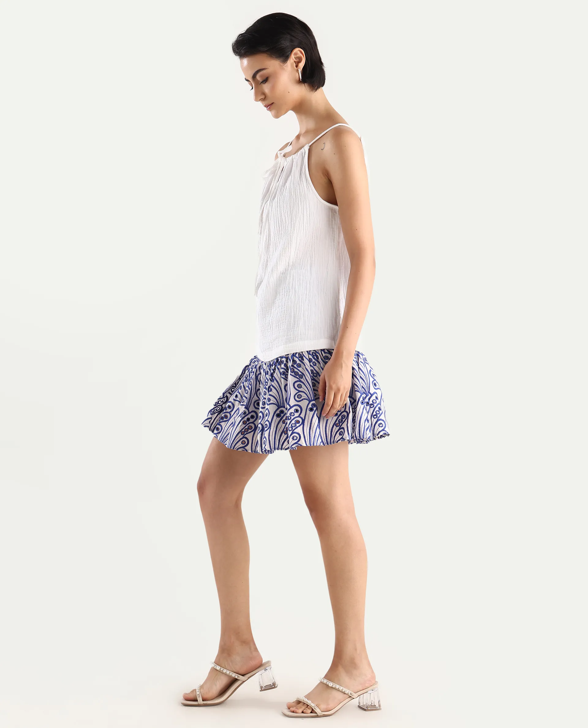 Rareism Women's Asami Blue Cotton Schiffli Mini Fit And Flare Skirt - Image 9