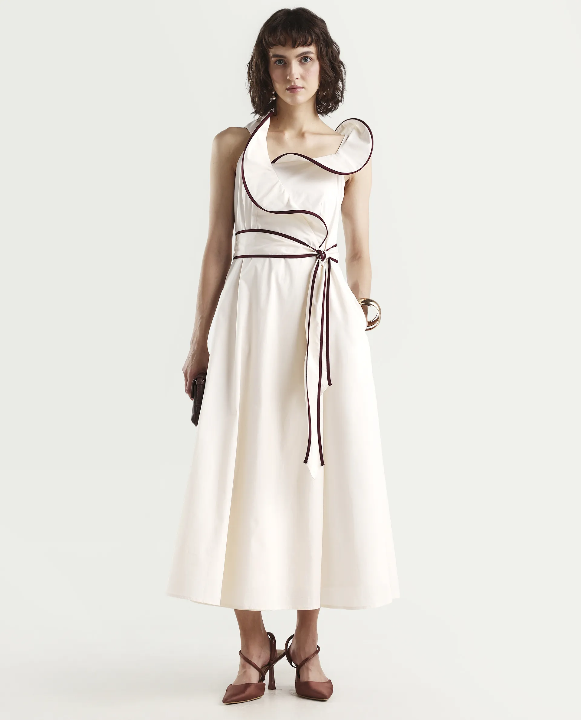 Rareism Women's Ashen Off White Cotton Sleeveless Fit And Flare Plain Dress - Image 2