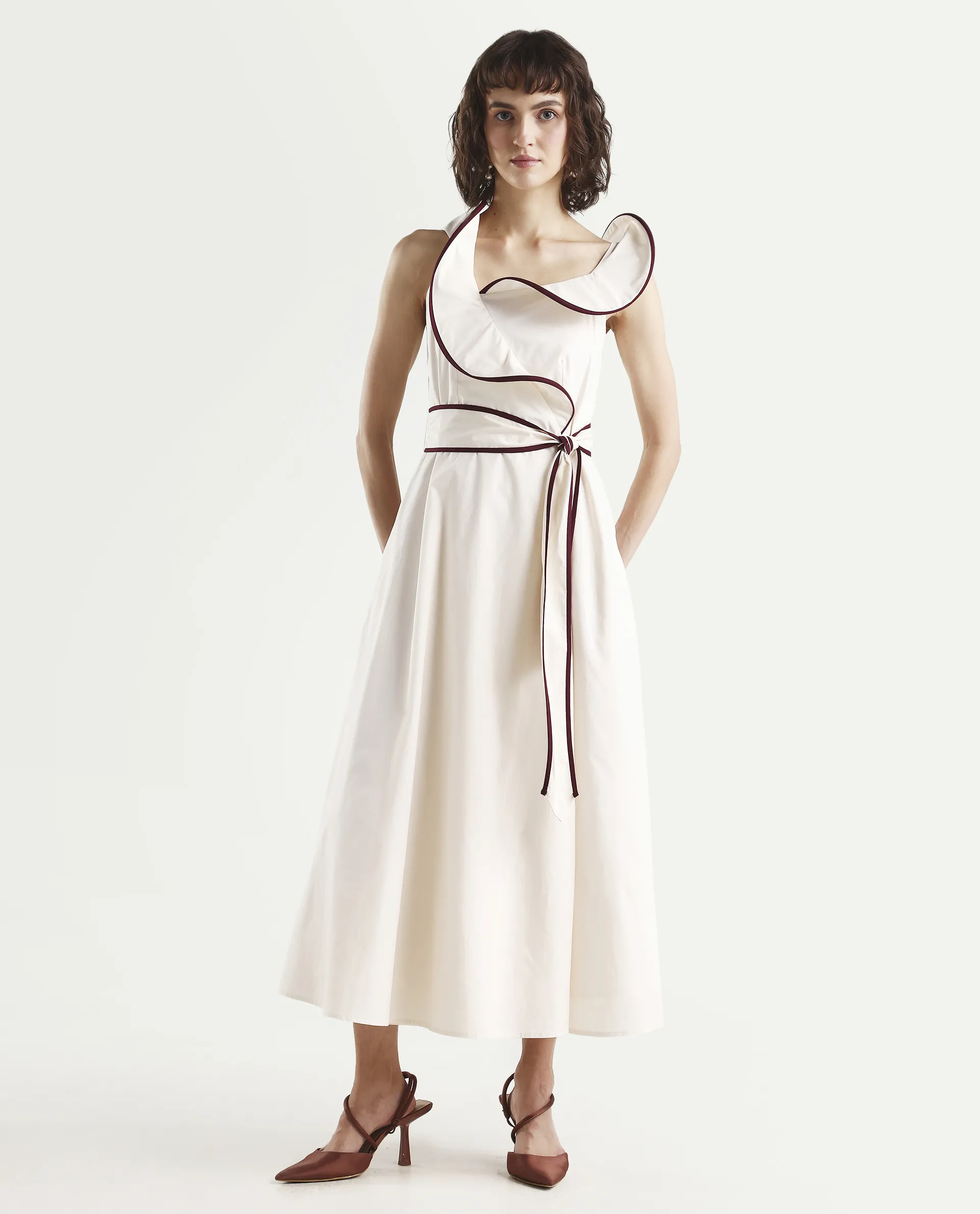 Rareism Women's Ashen Off White Cotton Sleeveless Fit And Flare Plain Dress - Image 4