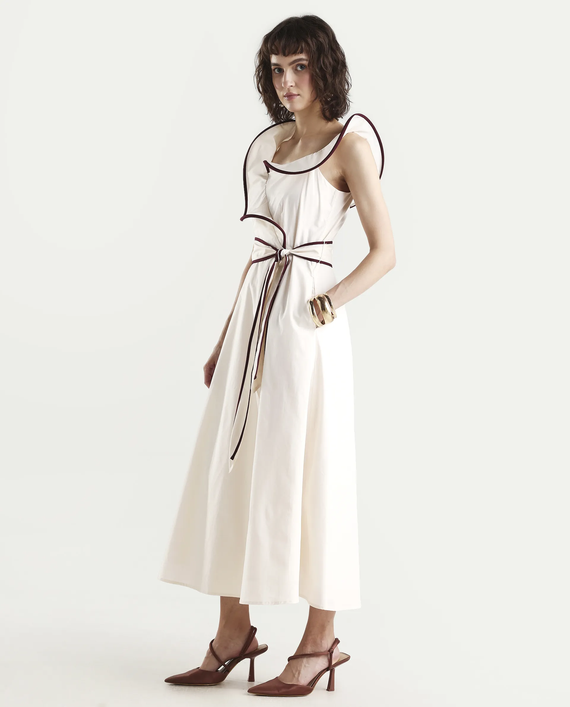Rareism Women's Ashen Off White Cotton Sleeveless Fit And Flare Plain Dress - Image 5