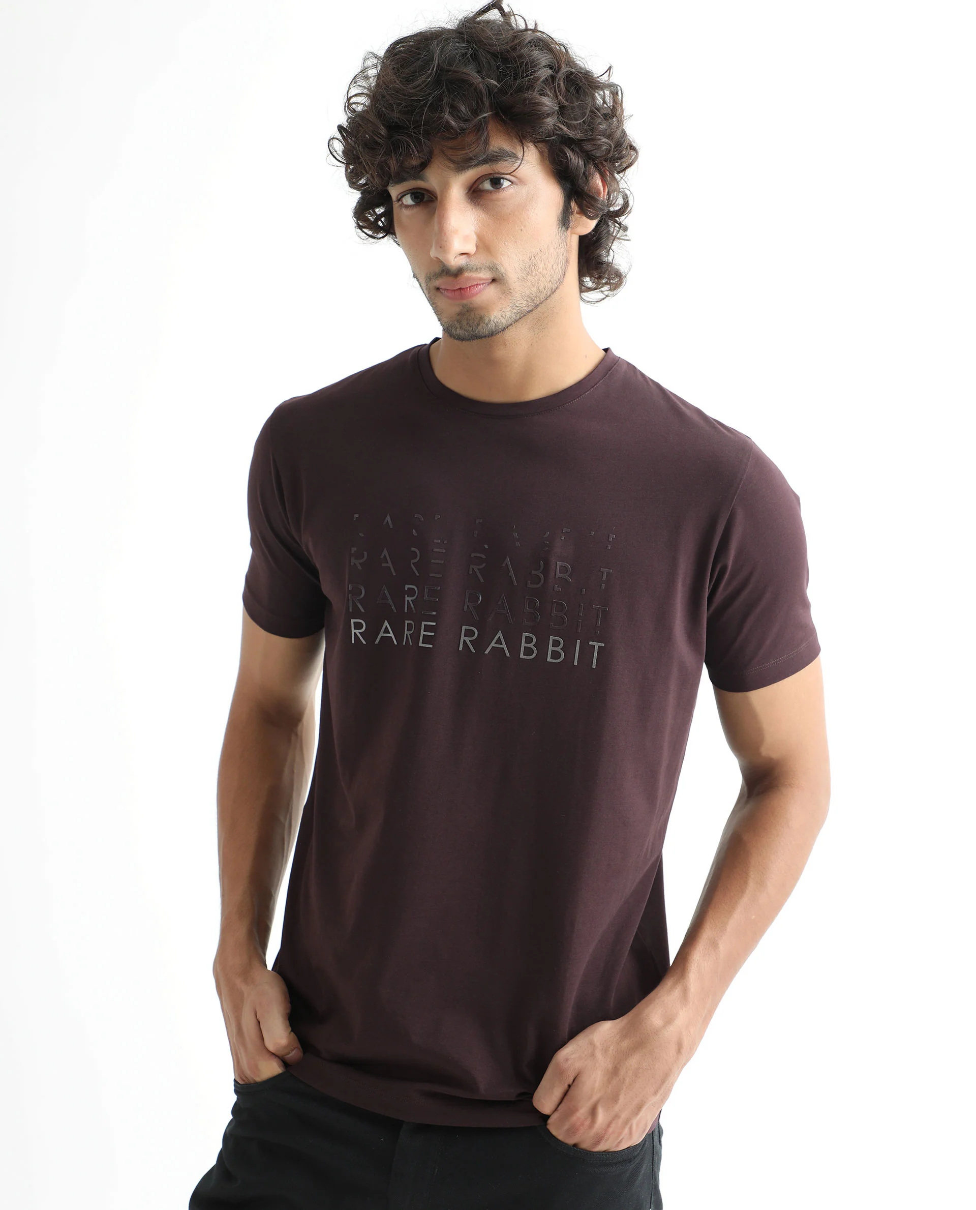 Rare Rabbit Men's Asi Maroon Cotton Graphic Print Slim Fit Half Sleeve Crew Neck T-Shirt - Image 2