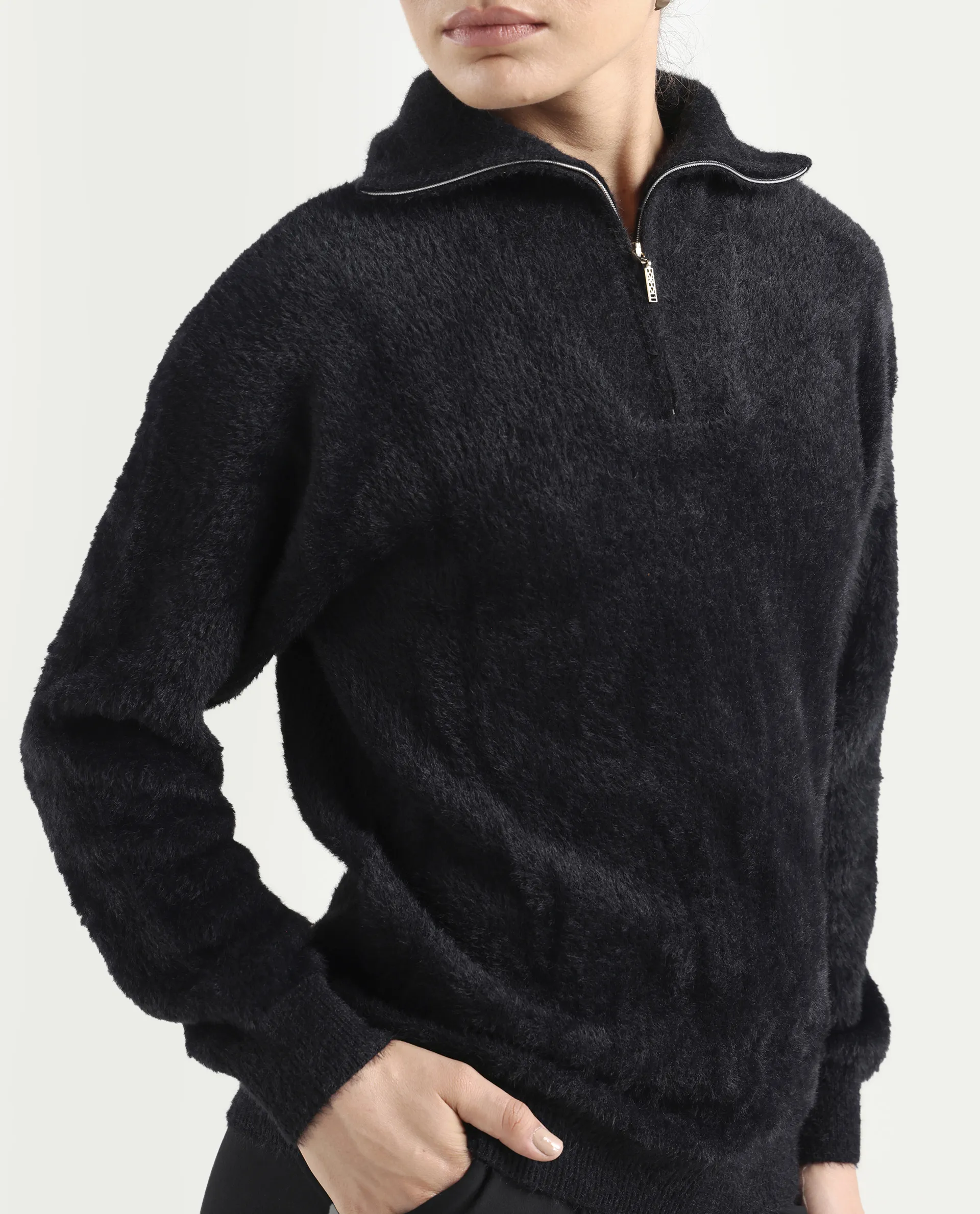 Rareism Women's Asser Black Nylon Drop Collar Plain Relaxed Fit Sweater - Image 4