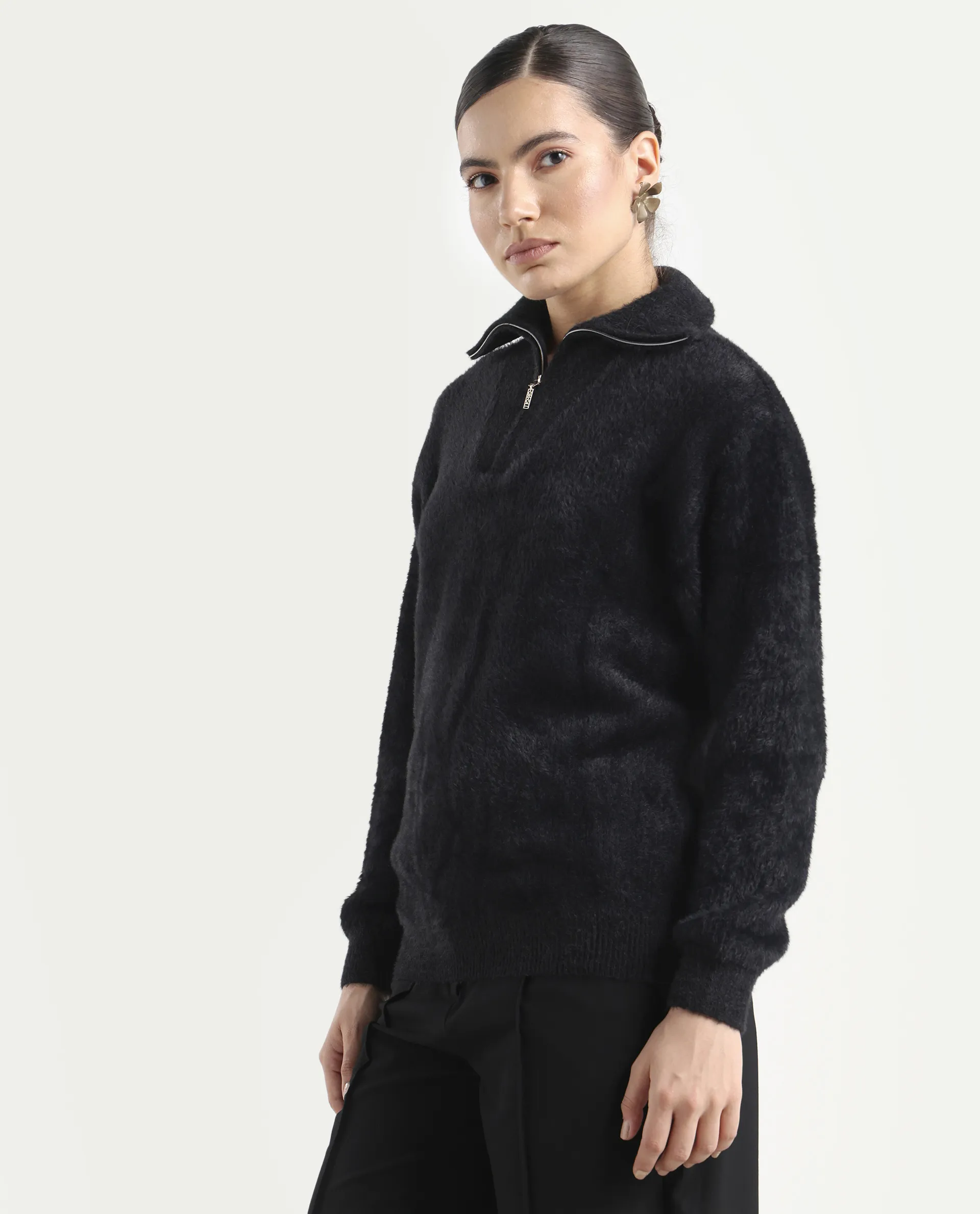 Rareism Women's Asser Black Nylon Drop Collar Plain Relaxed Fit Sweater - Image 5