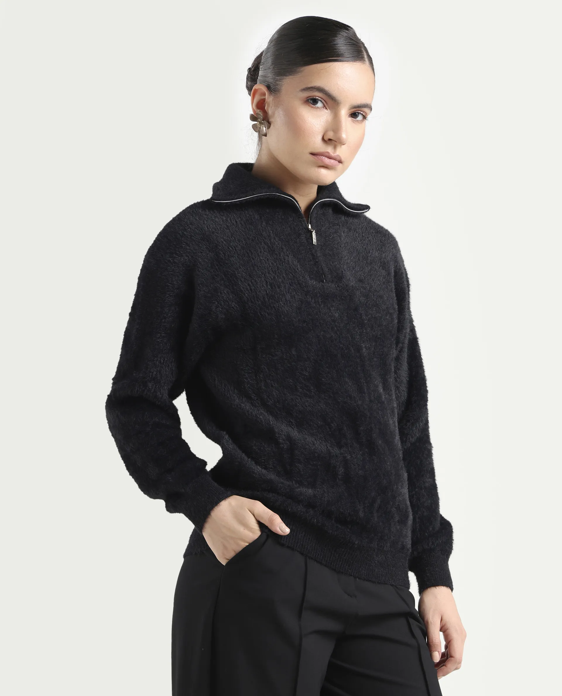 Rareism Women's Asser Black Nylon Drop Collar Plain Relaxed Fit Sweater - Image 6