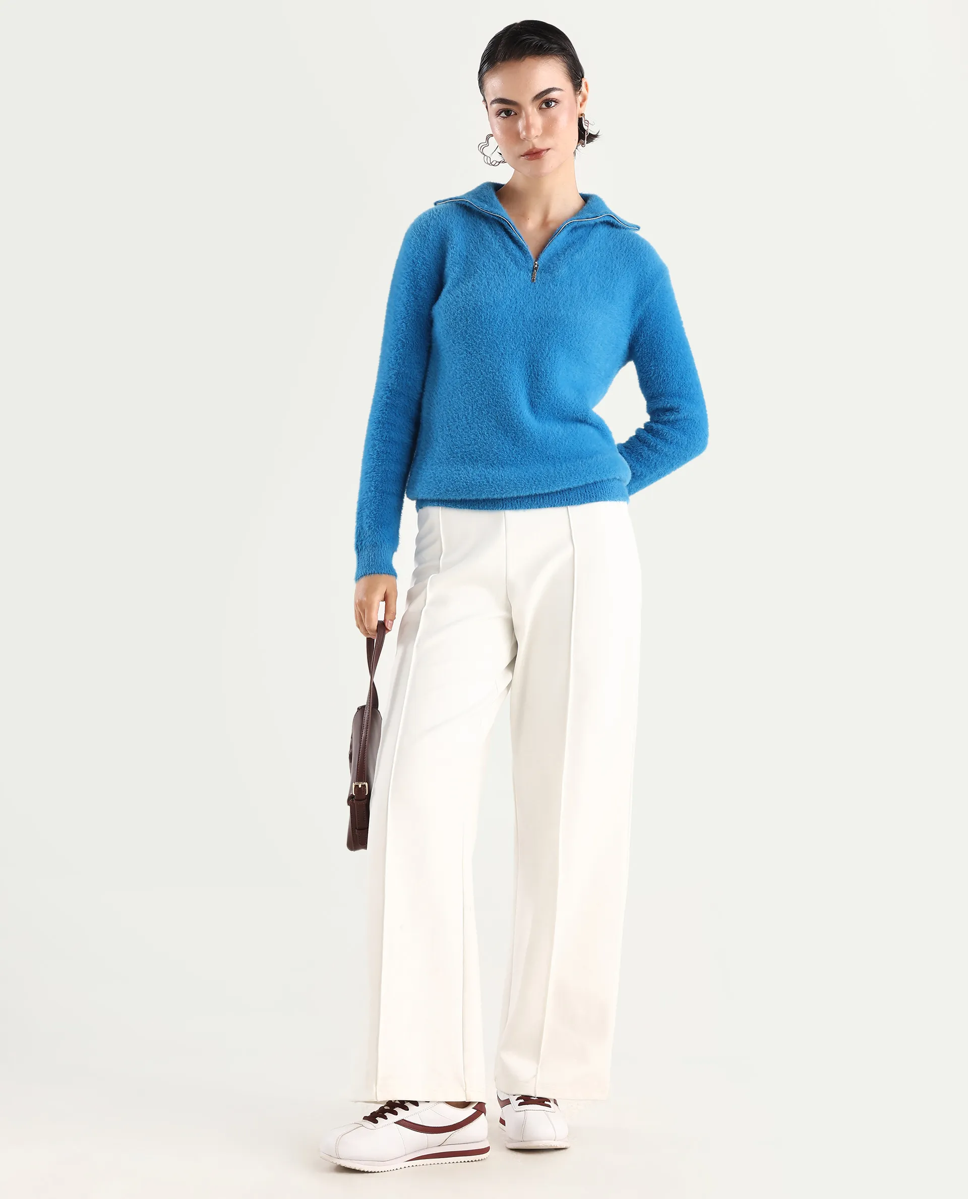 Rareism Women's Asser Blue Polyester Blend High Neck Plain Relaxed Fit Sweater - Image 2