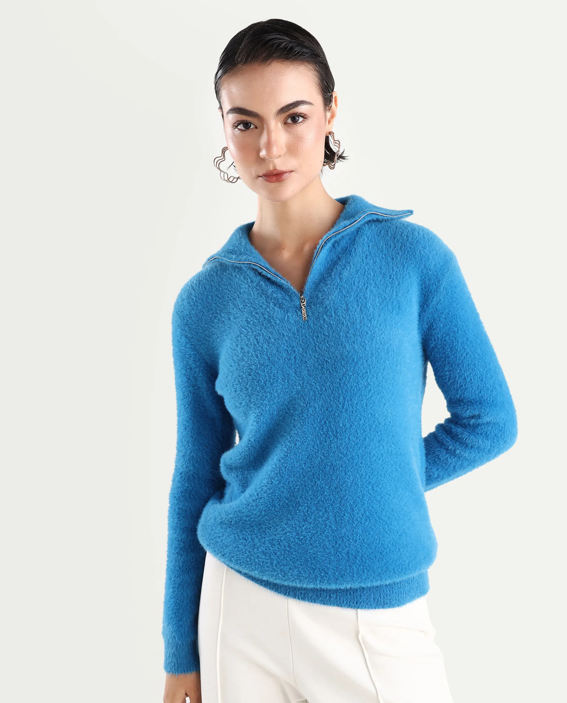 Rareism Women's Asser Blue Polyester Blend High Neck Plain Relaxed Fit Sweater - Image 3