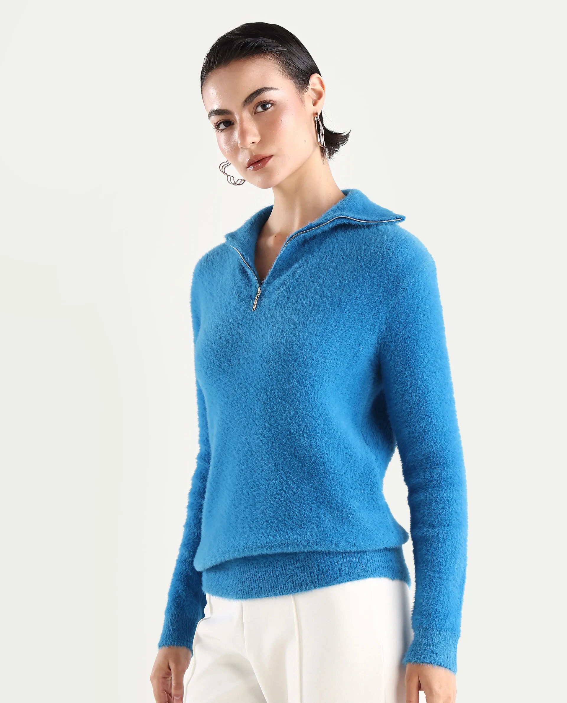 Rareism Women's Asser Blue Polyester Blend High Neck Plain Relaxed Fit Sweater - Image 5
