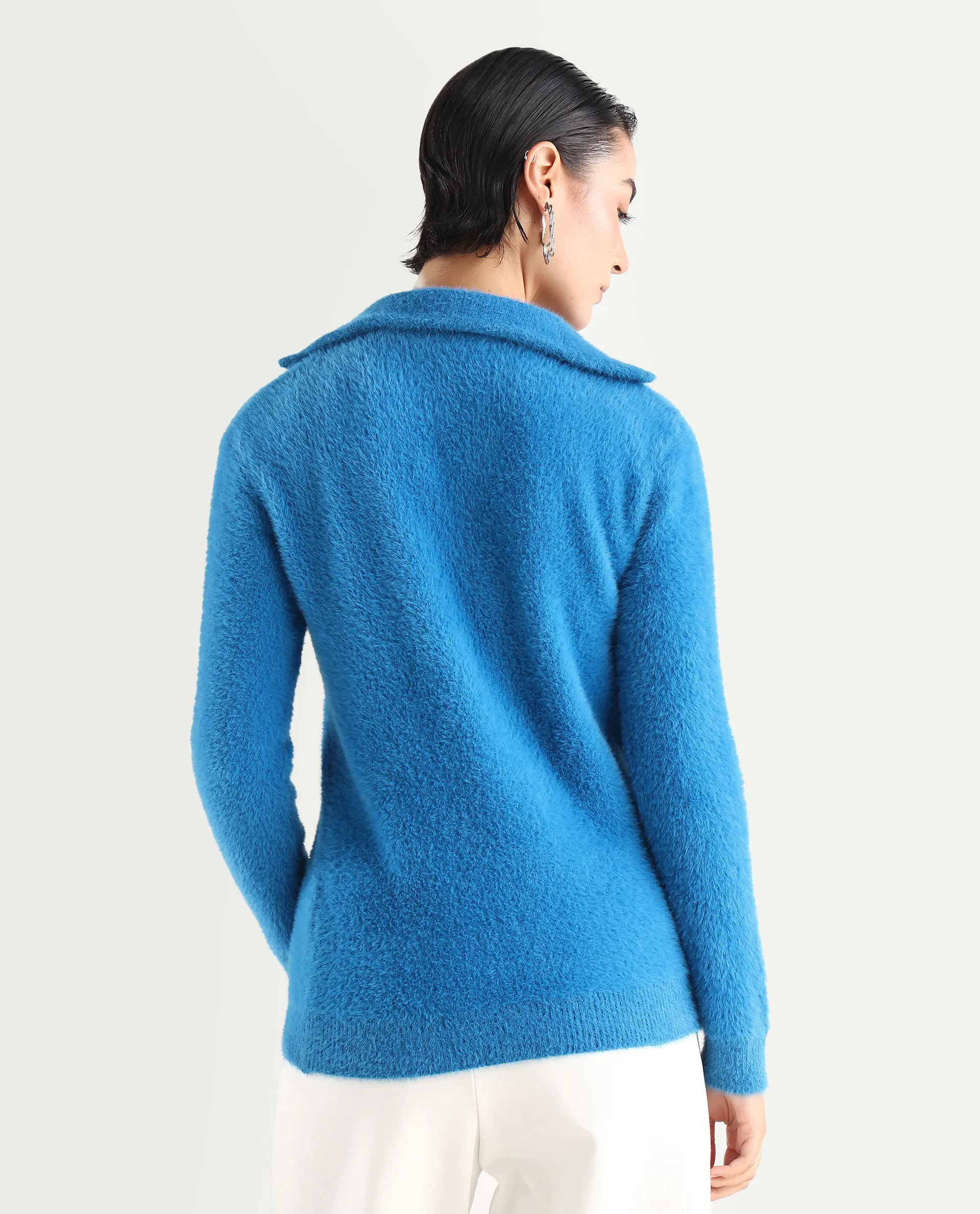 Rareism Women's Asser Blue Polyester Blend High Neck Plain Relaxed Fit Sweater - Image 6