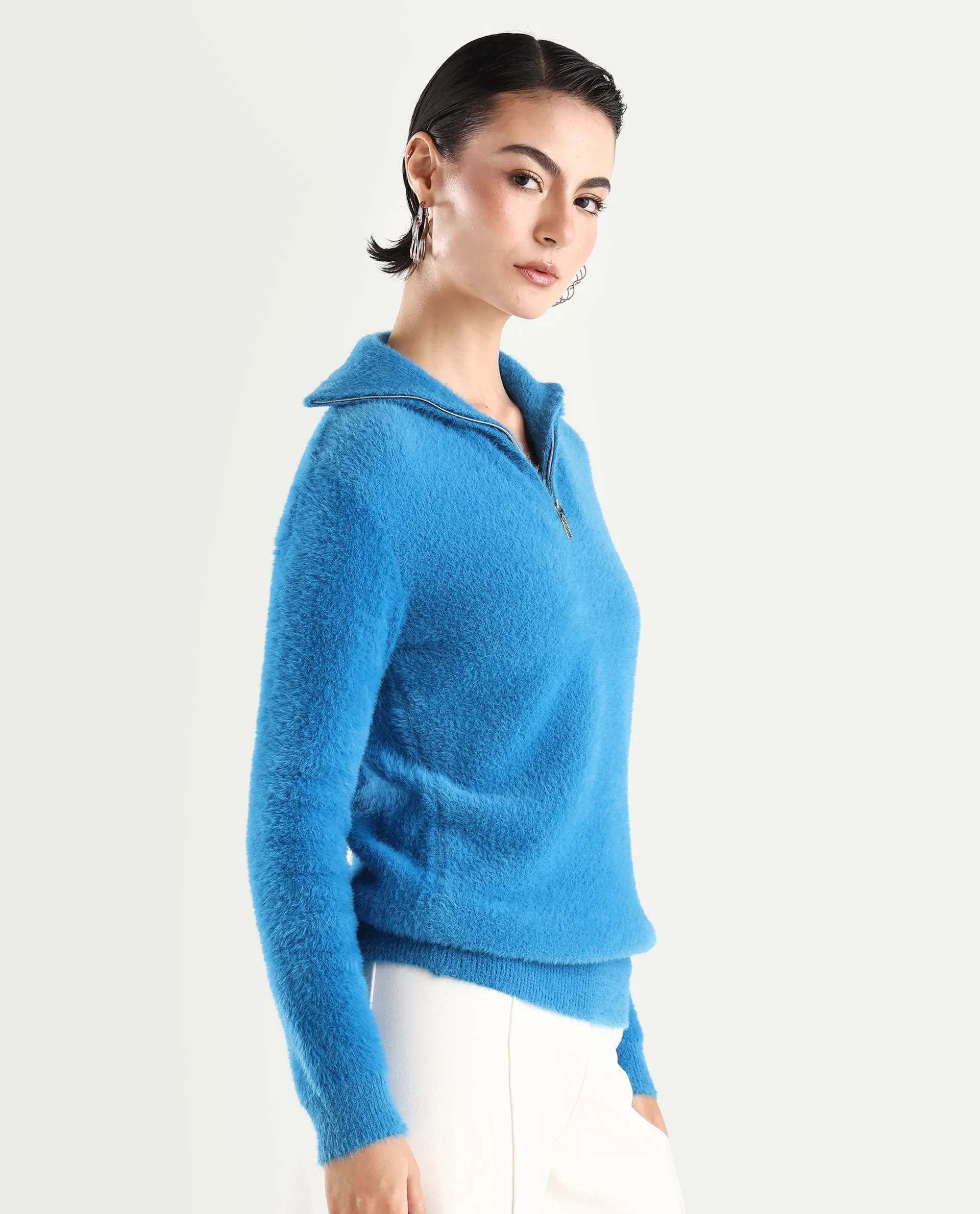 Rareism Women's Asser Blue Polyester Blend High Neck Plain Relaxed Fit Sweater - Image 7