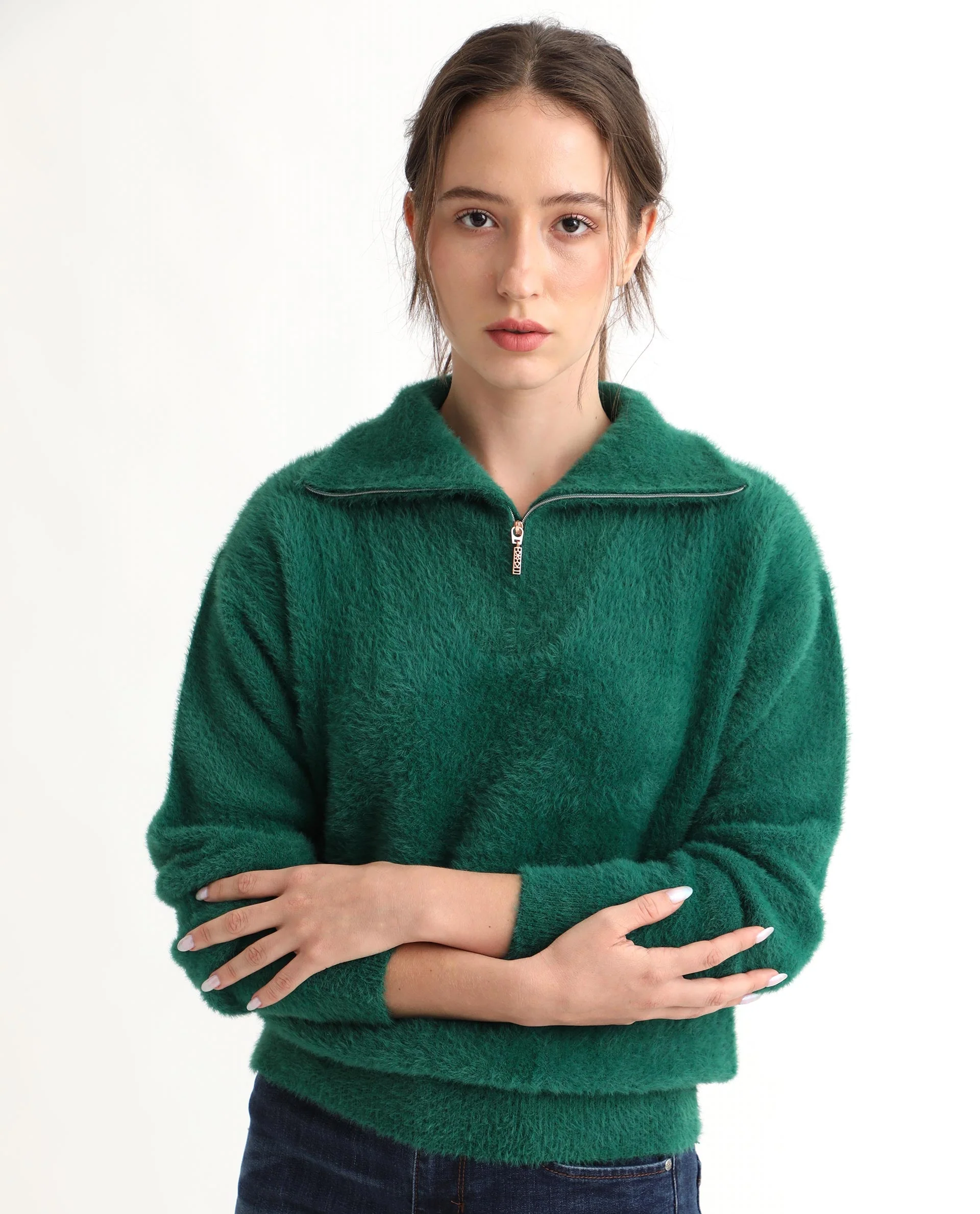 Rareism Women's Asser Green Nylon Drop Collar Plain Relaxed Fit Sweater - Image 10